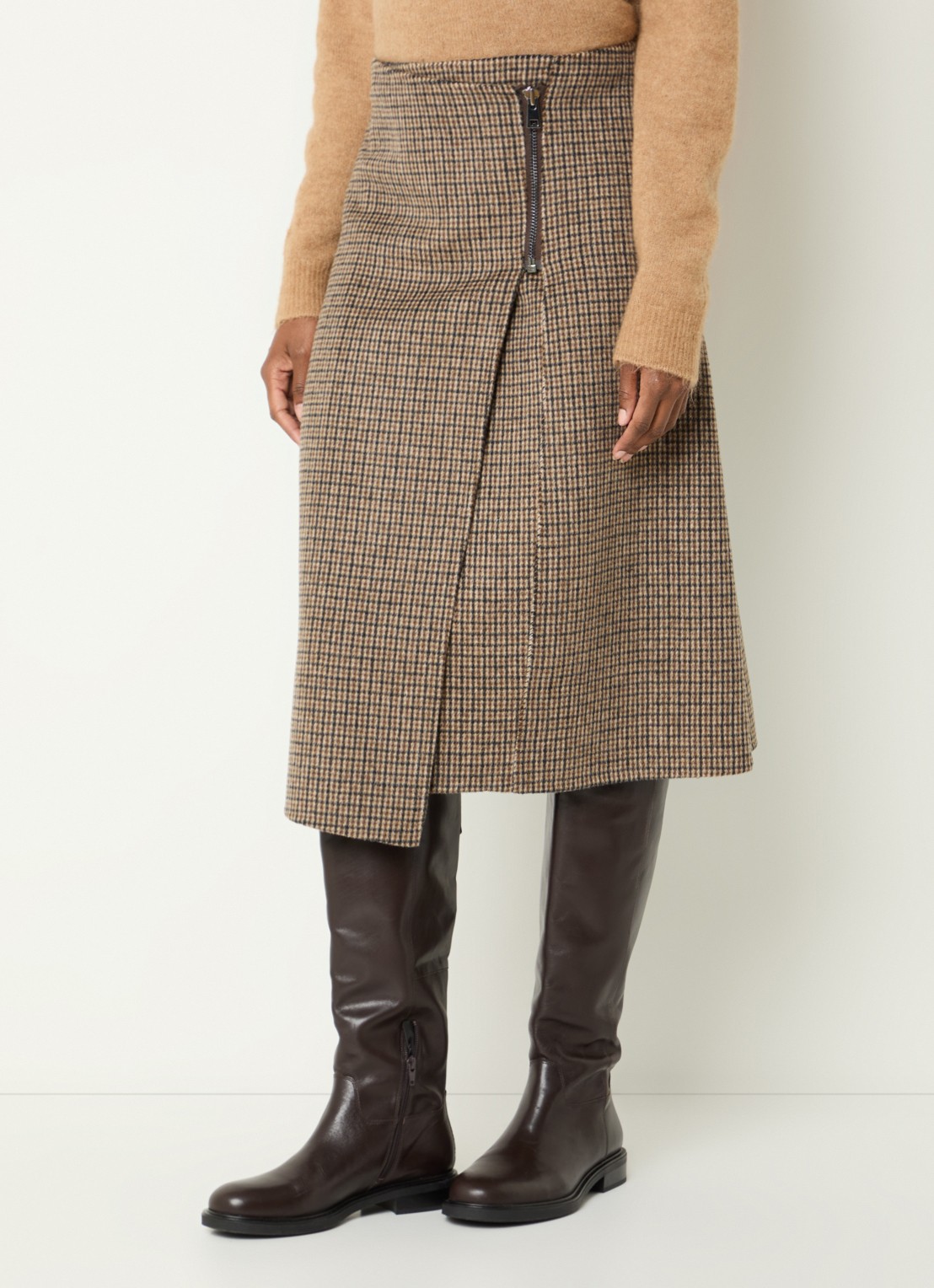 River Woods Midi rok in wolblend met ruitdessin - detail lichtbruin