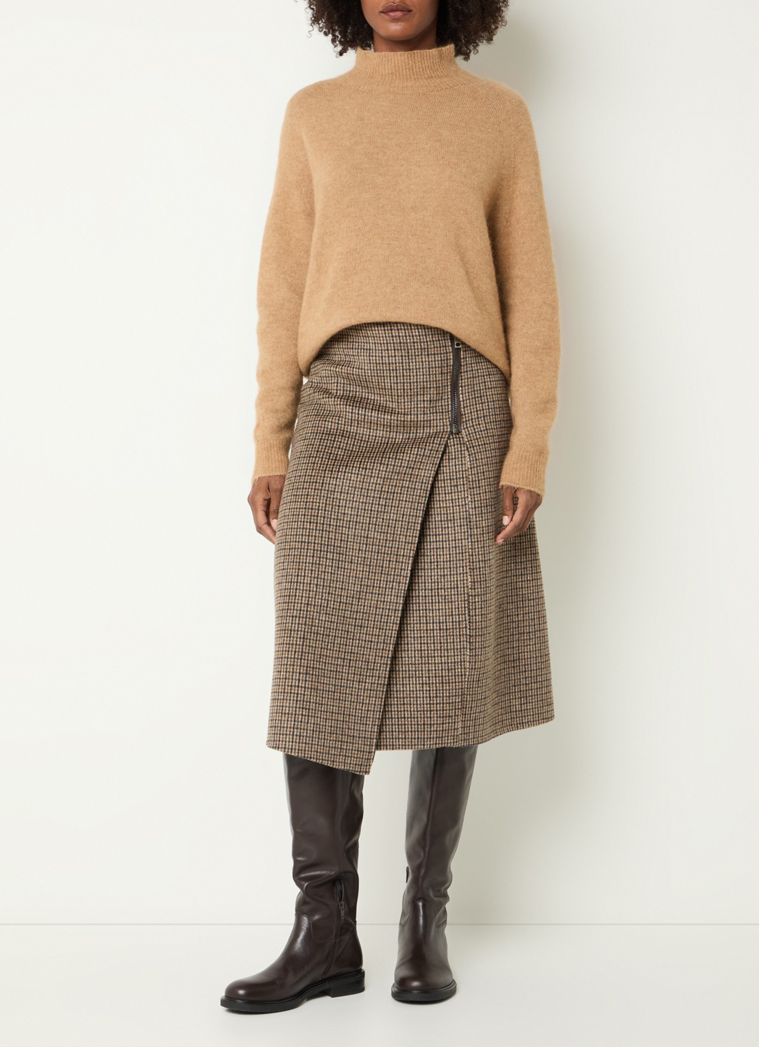 River Woods Midi rok in wolblend met ruitdessin - voorkant 3 lichtbruin