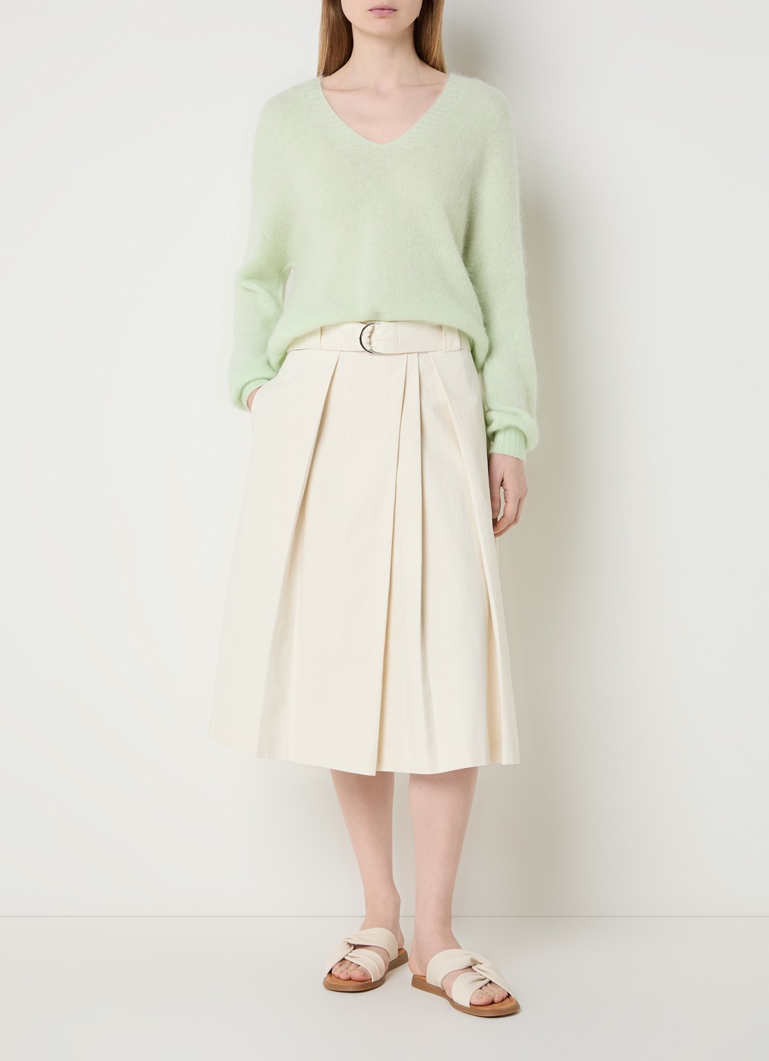 River Woods Midi rok met plooidetail en ceintuur - voorkant 3 gebroken wit