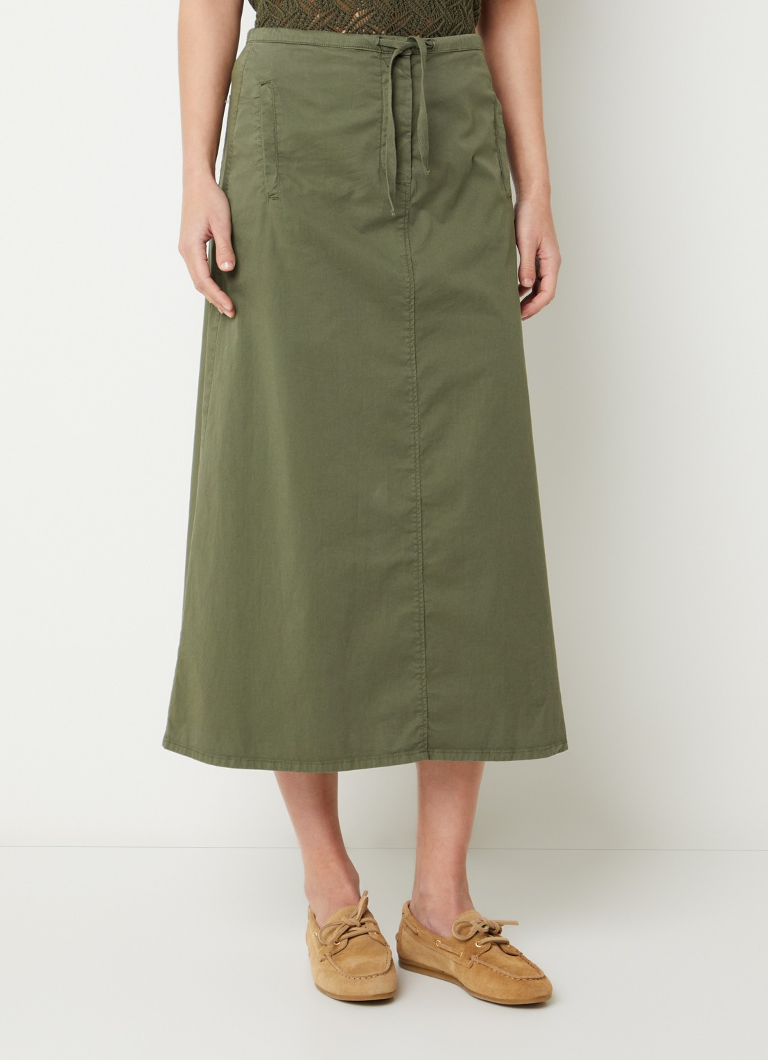 River Woods Midi rok met steekzakken - detail 2 legergroen
