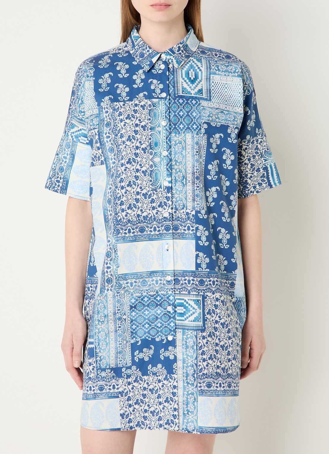 River Woods Mini blouse jurk met print en kraag - detail 4 donkerblauw