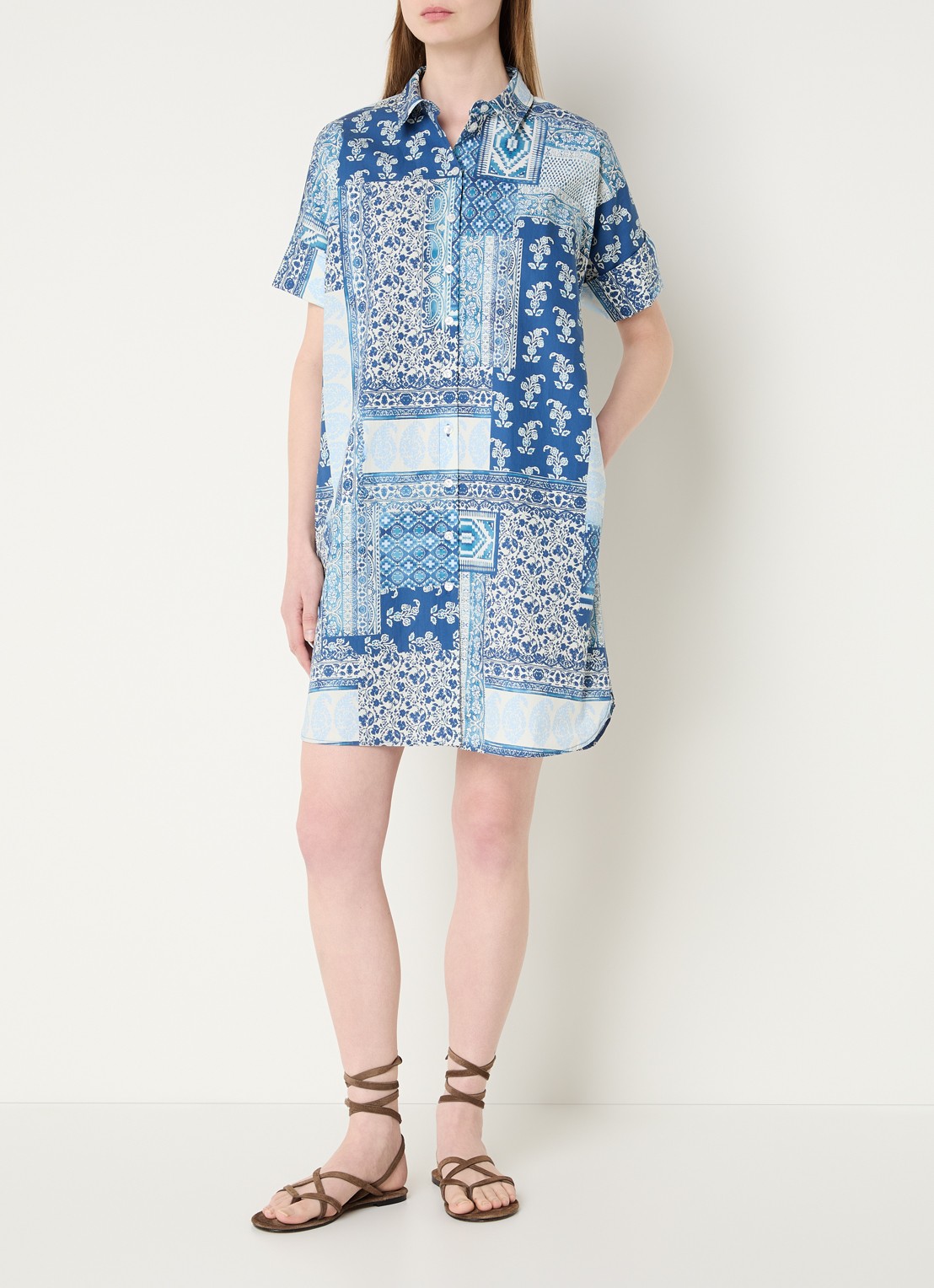 River Woods Mini blouse jurk met print en kraag - voorkant 2 donkerblauw