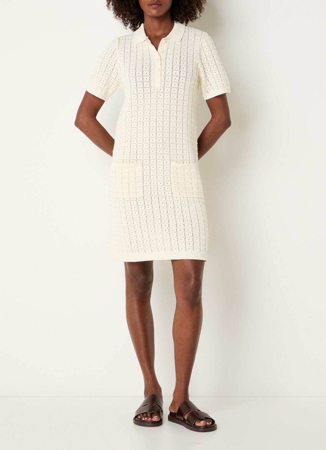 River Woods Mini jurk van crochet met opgestikte zakken - voorkant 3 gebroken wit