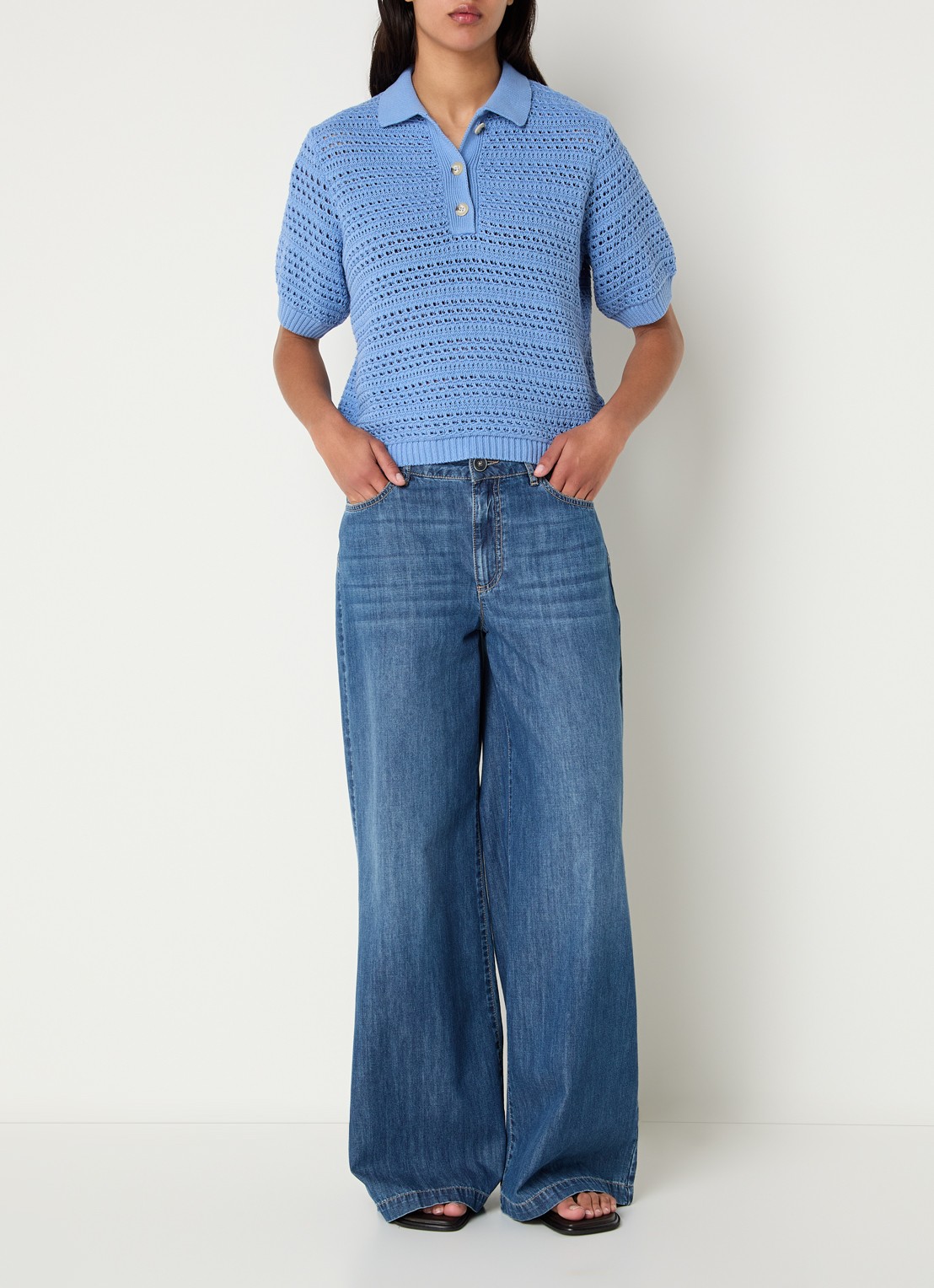 River Woods Polo met opengewerkt dessin - voorkant 4 blauwgrijs