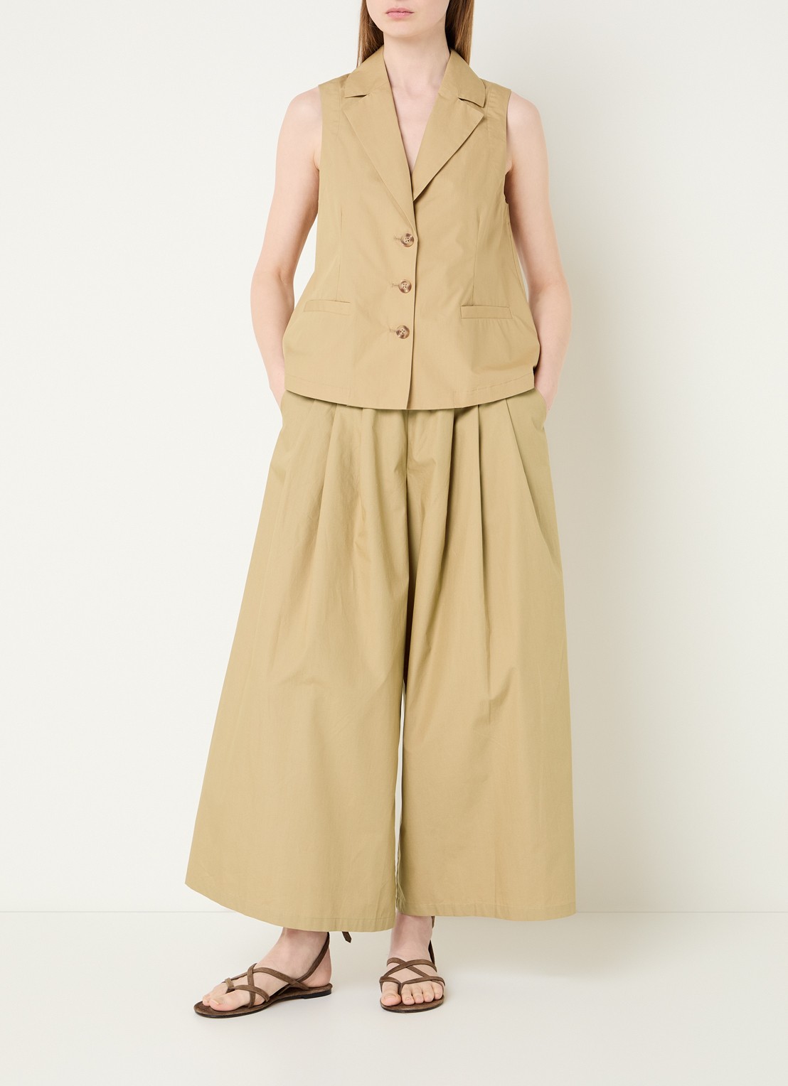 River Woods Poplin mid waist wide fit palazzo broek met steekzakken - voorkant 3 mosterd