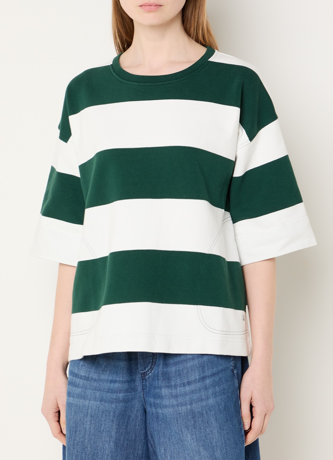 River Woods Sweater met streepprint - detail donkergroen