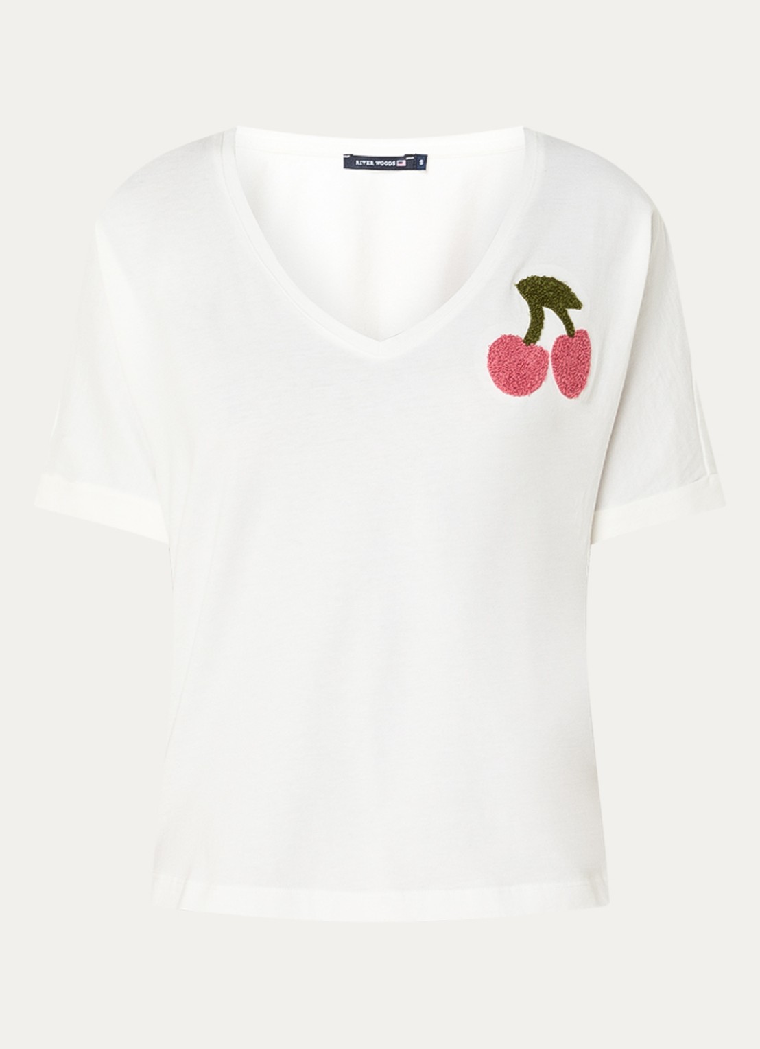 River Woods T-shirt met print en V-hals  - voorkant wit