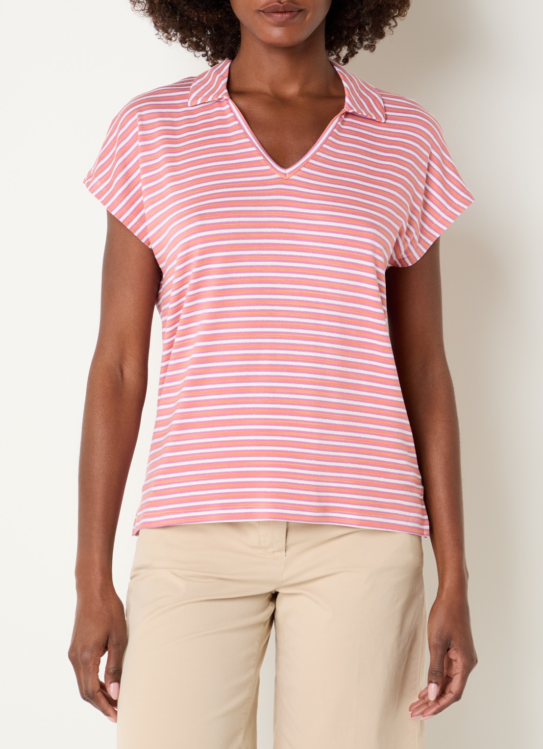 River Woods T-shirt met streepprint en kraag - detail 4 donkerroze
