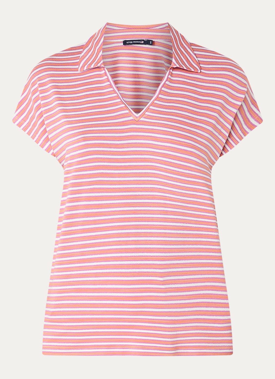 River Woods T-shirt met streepprint en kraag - voorkant 2 donkerroze