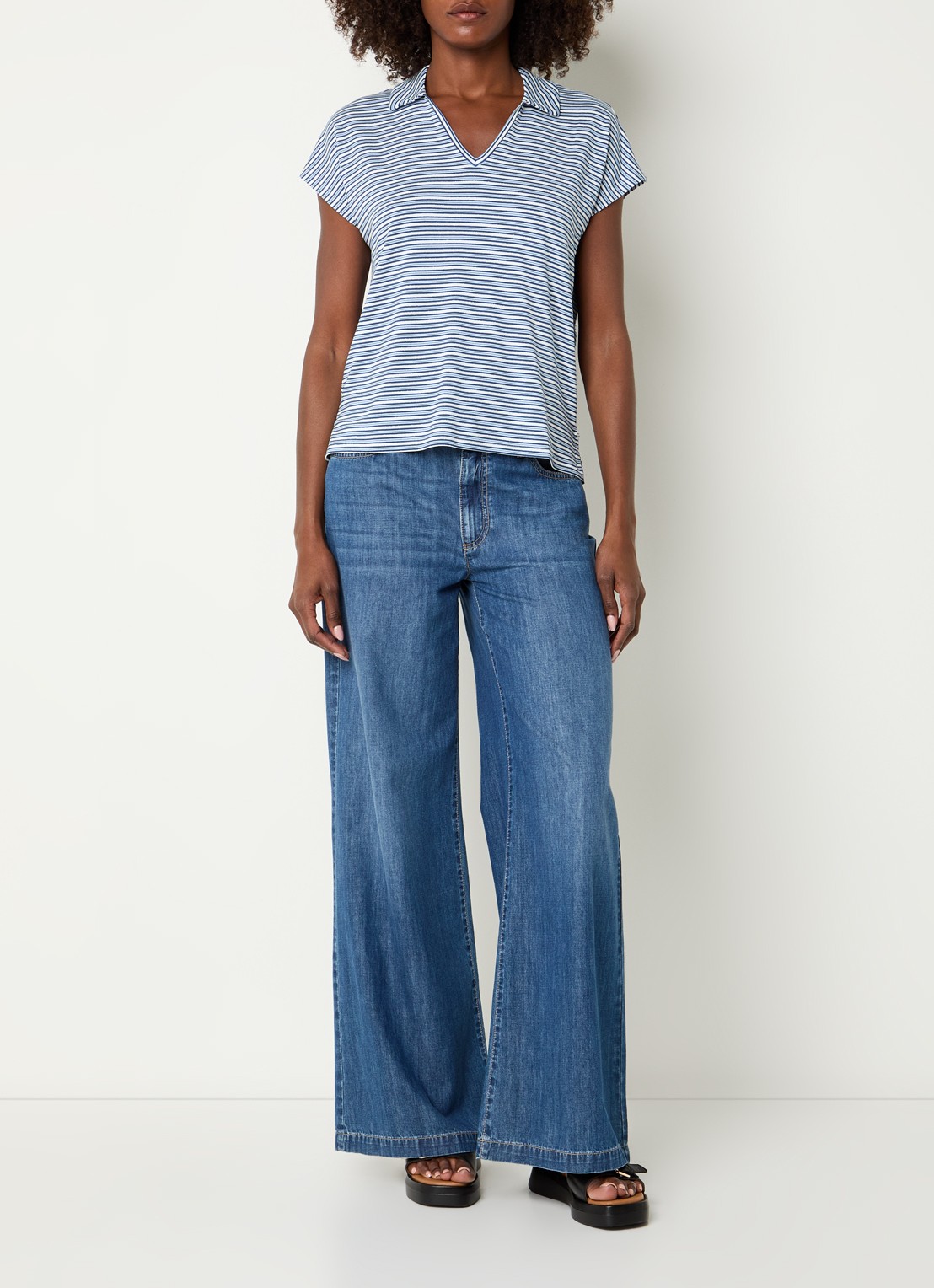 River Woods T-shirt met streepprint en kraag - voorkant 2 indigo