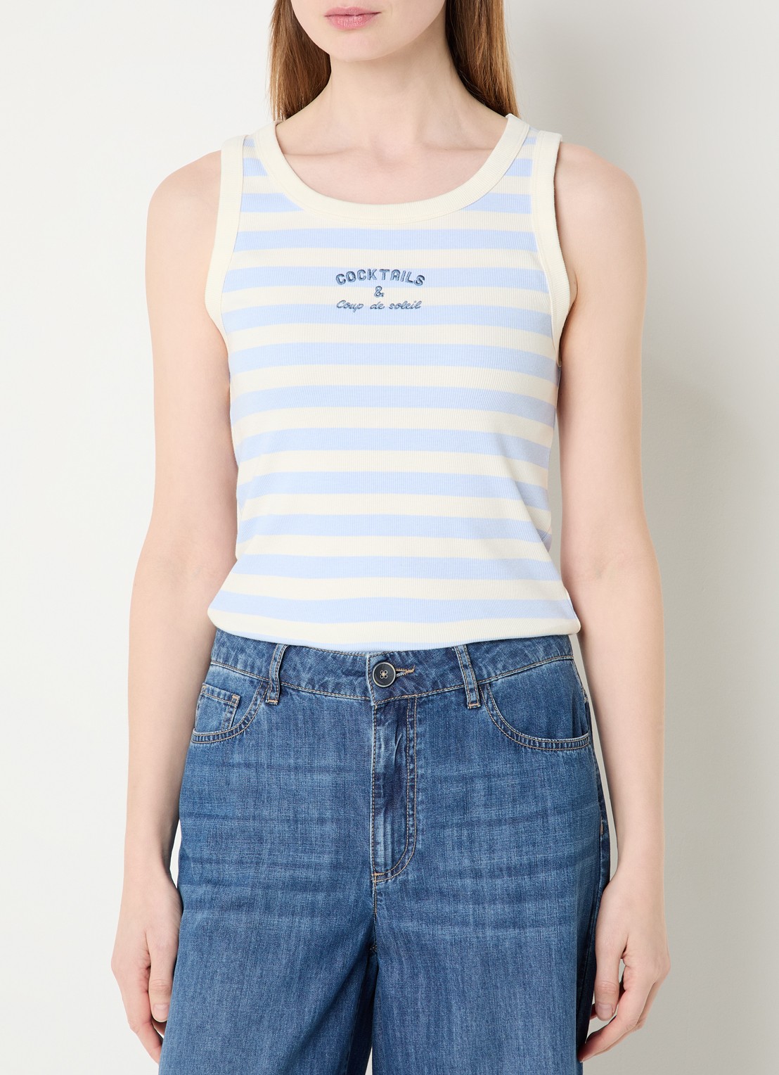 River Woods Tanktop met streepprint en borduring - detail 4 lichtblauw