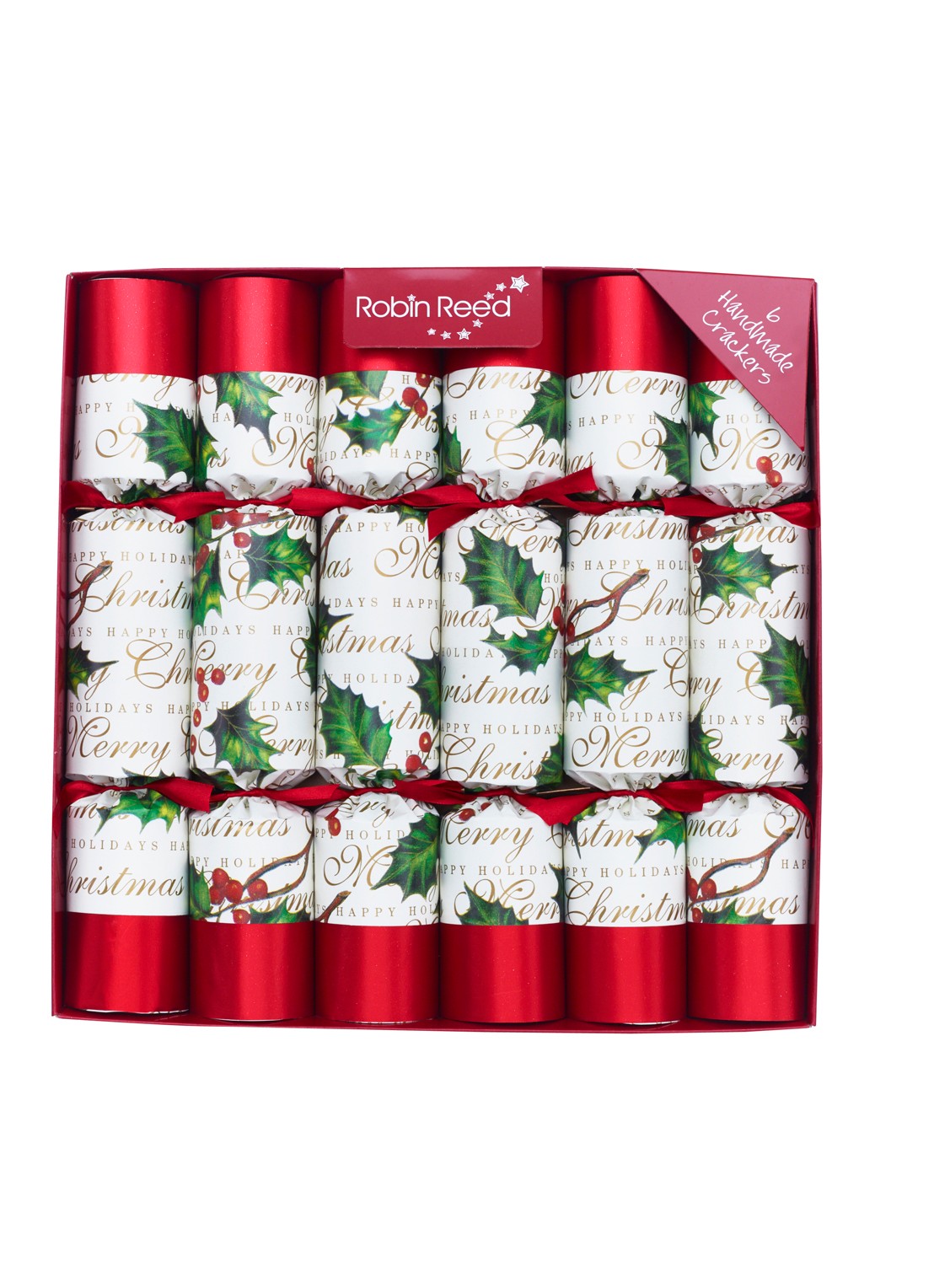 Robin Reed Bows & Berries kerstcracker set van 12 - voorkant wit