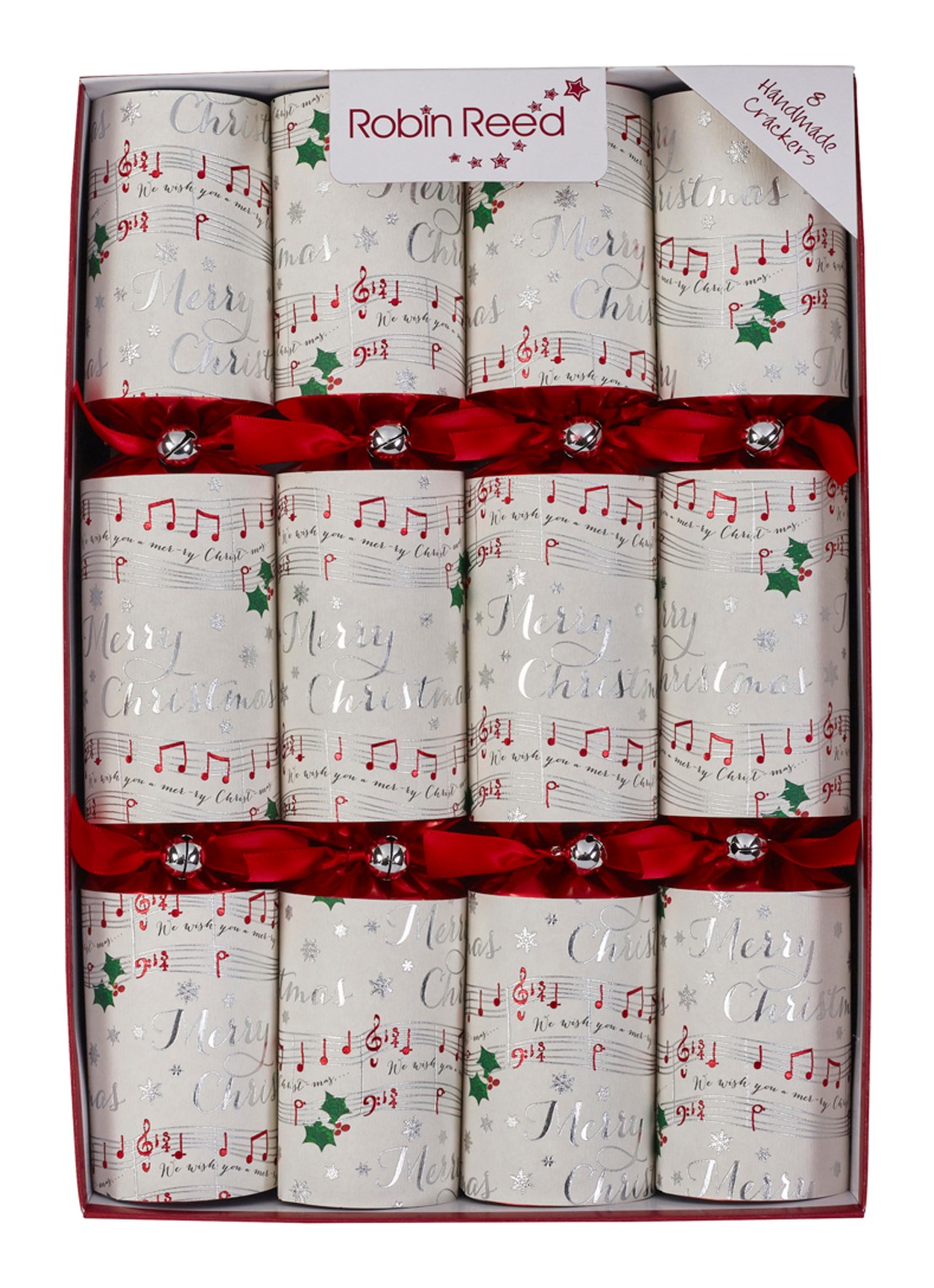 Robin Reed Chime Bars kerstcracker set van 8 - voorkant wit