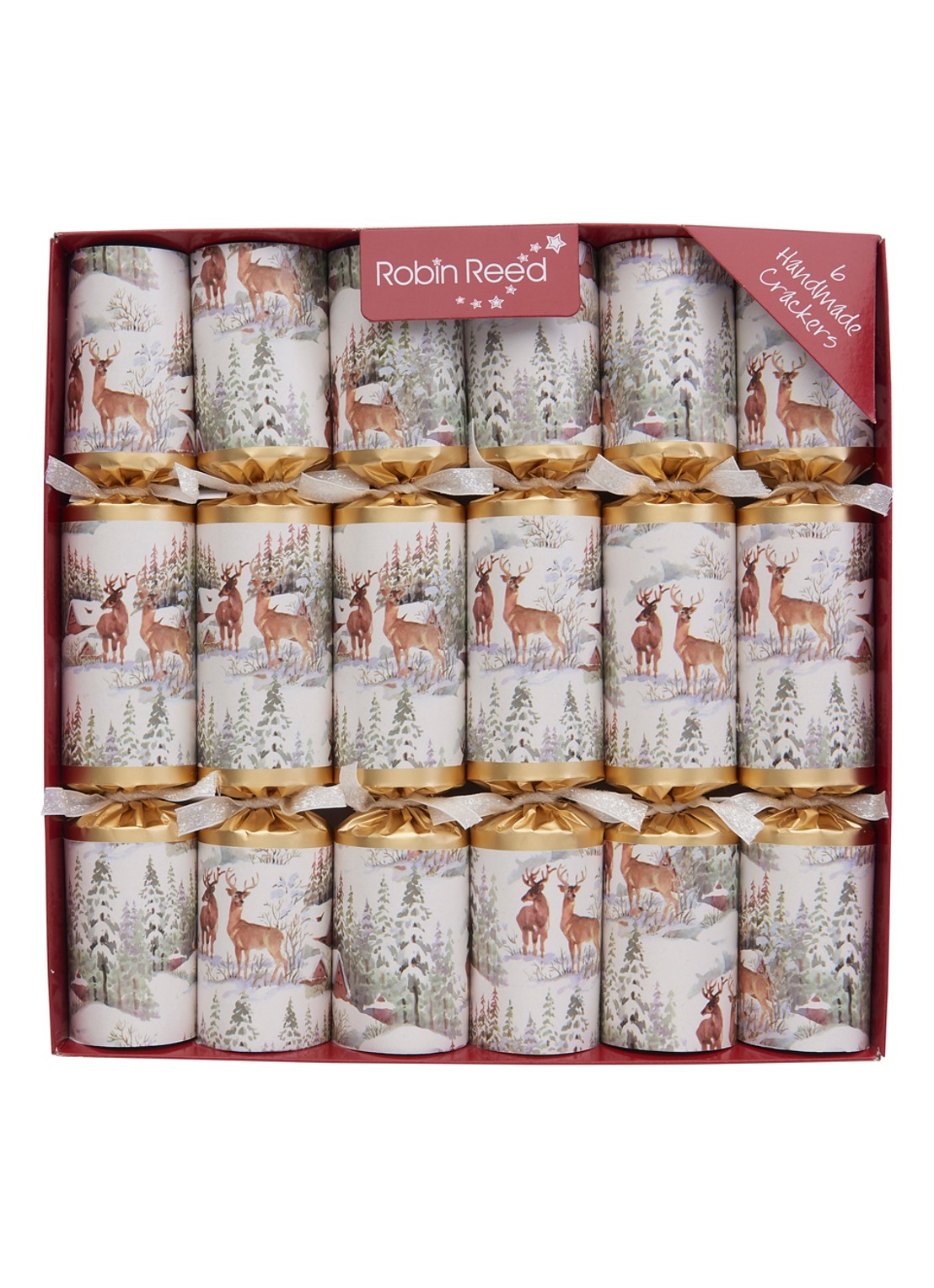 Robin Reed Deer Christmas kerstcracker set van 6 - voorkant rood