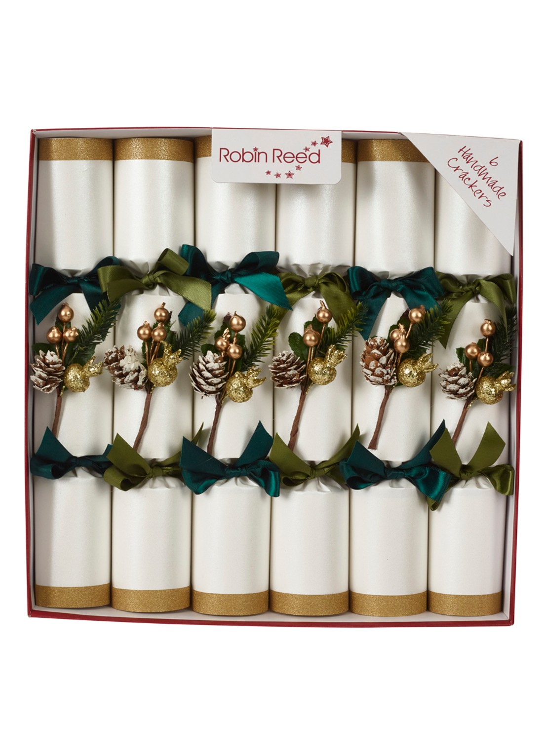 Robin Reed Evergreen kerstcracker set van 6 - voorkant wit