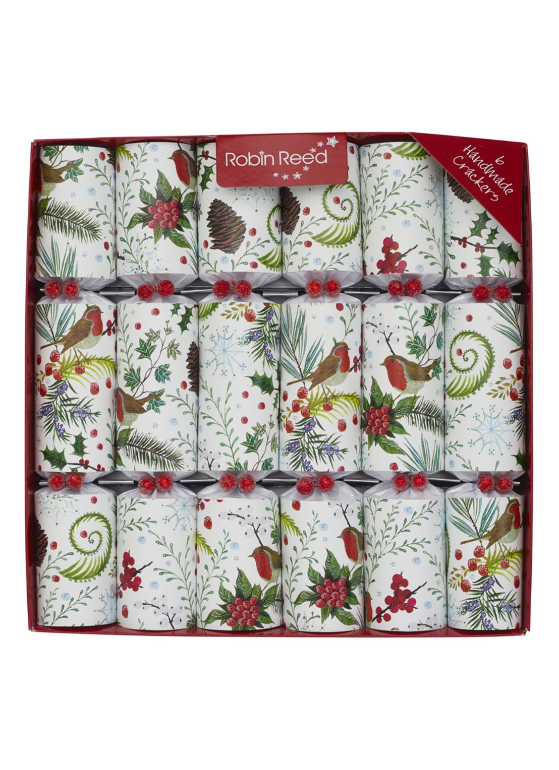 Robin Reed Festive Foliage kerstcracker set van 6 - voorkant wit