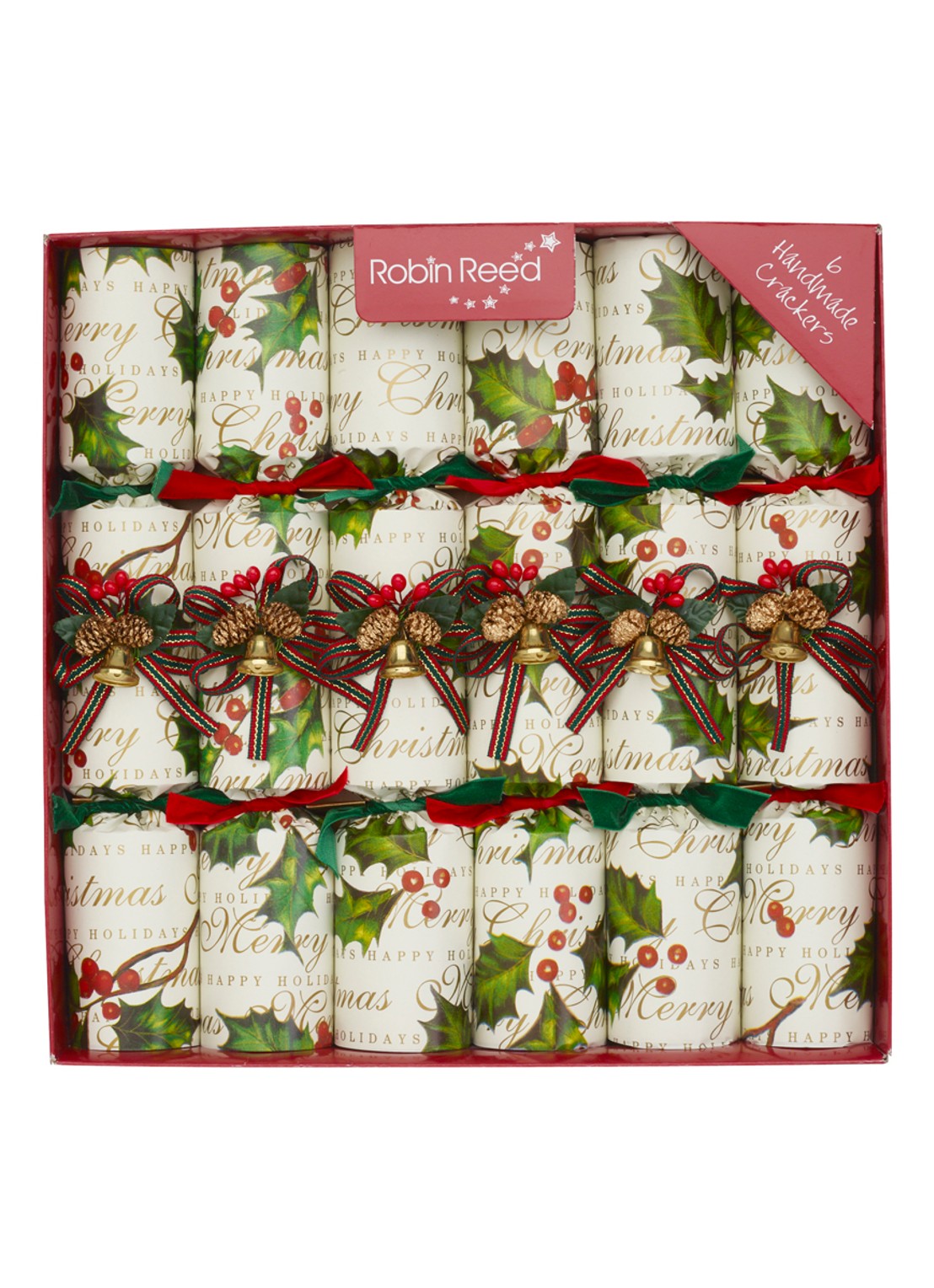Robin Reed Holly Bells kerstcracker set van 6 - voorkant creme
