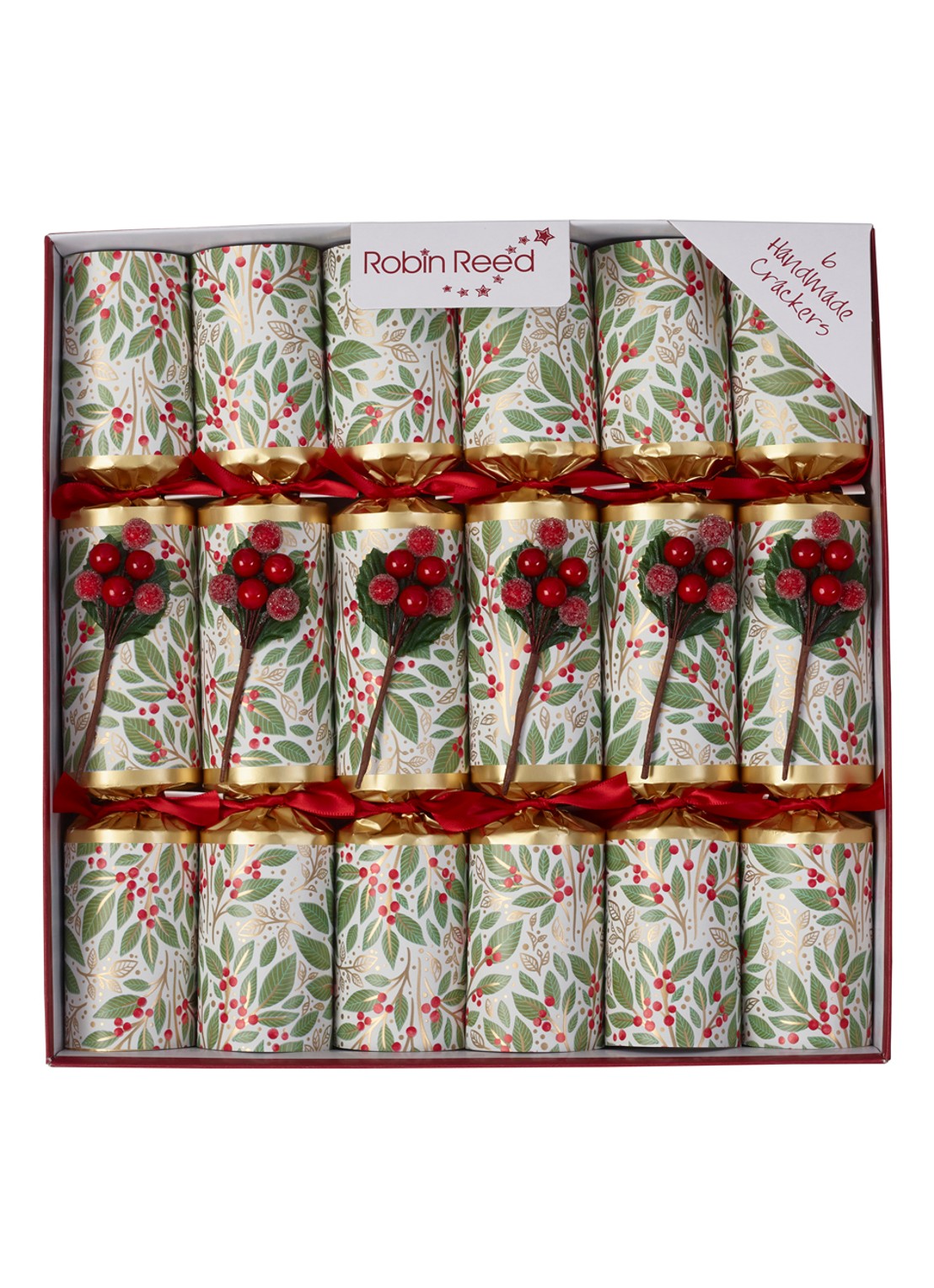 Robin Reed Winter Berry kerstcracker set van 6 - voorkant olijfgroen