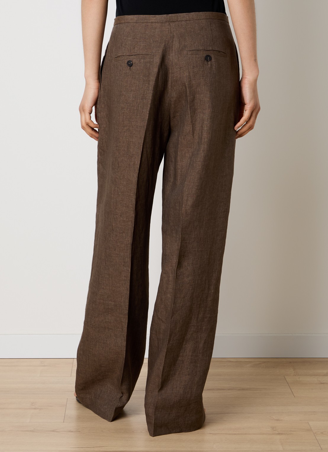 Róhe High waist wide fit pantalon van linnen met strikceintuur - achterkant lichtbruin
