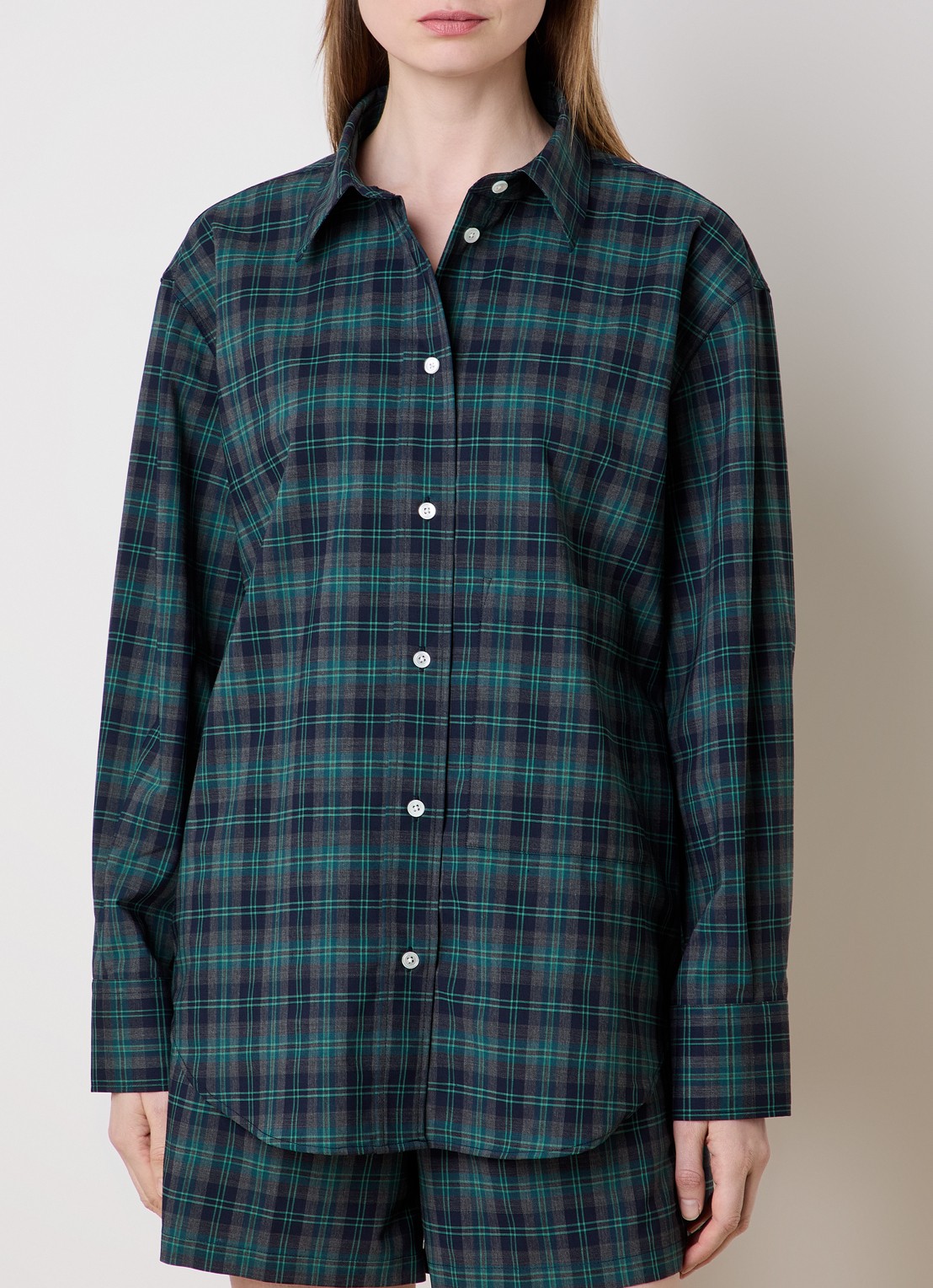 Róhe Oversized blouse in wolblend met ruitdessin - detail donkergroen