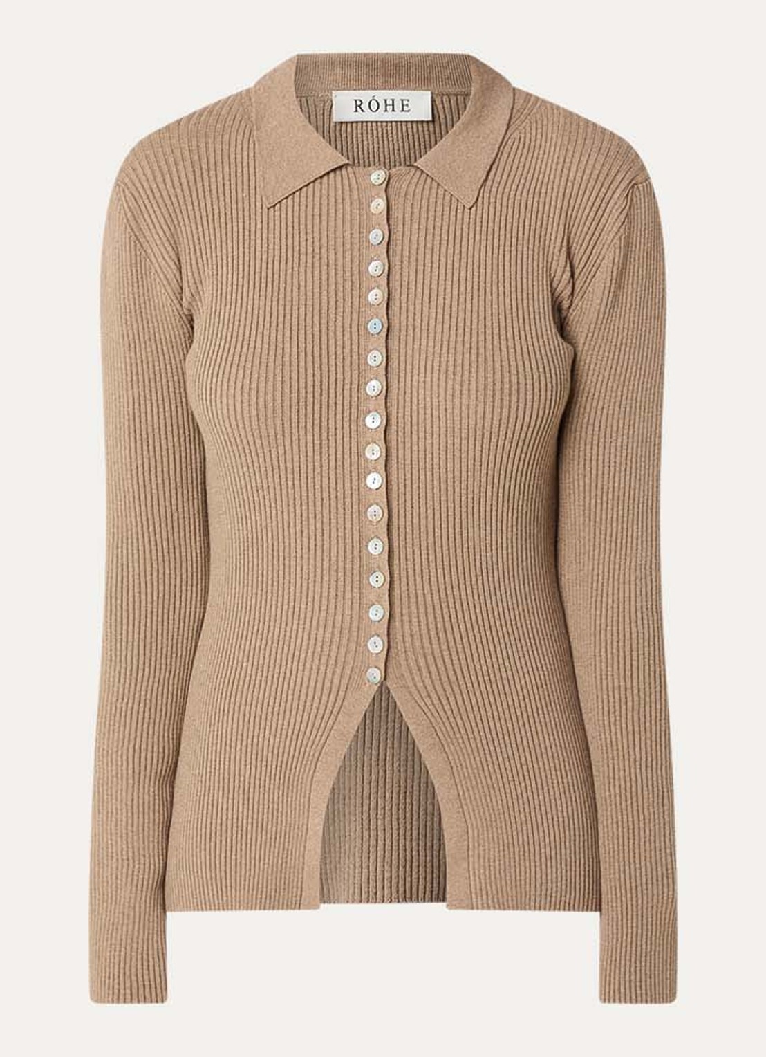 Róhe Ribgebreid vest met kraag - voorkant beige