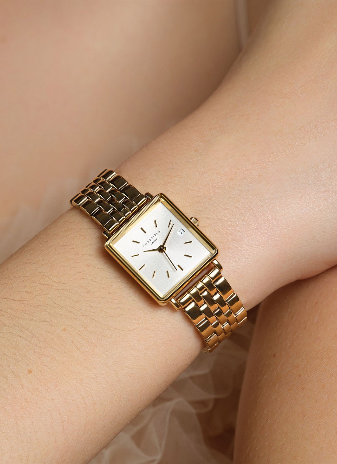 Rosefield The Mini Boxy horloge QMWSG-Q021 - voorkant 3 goud