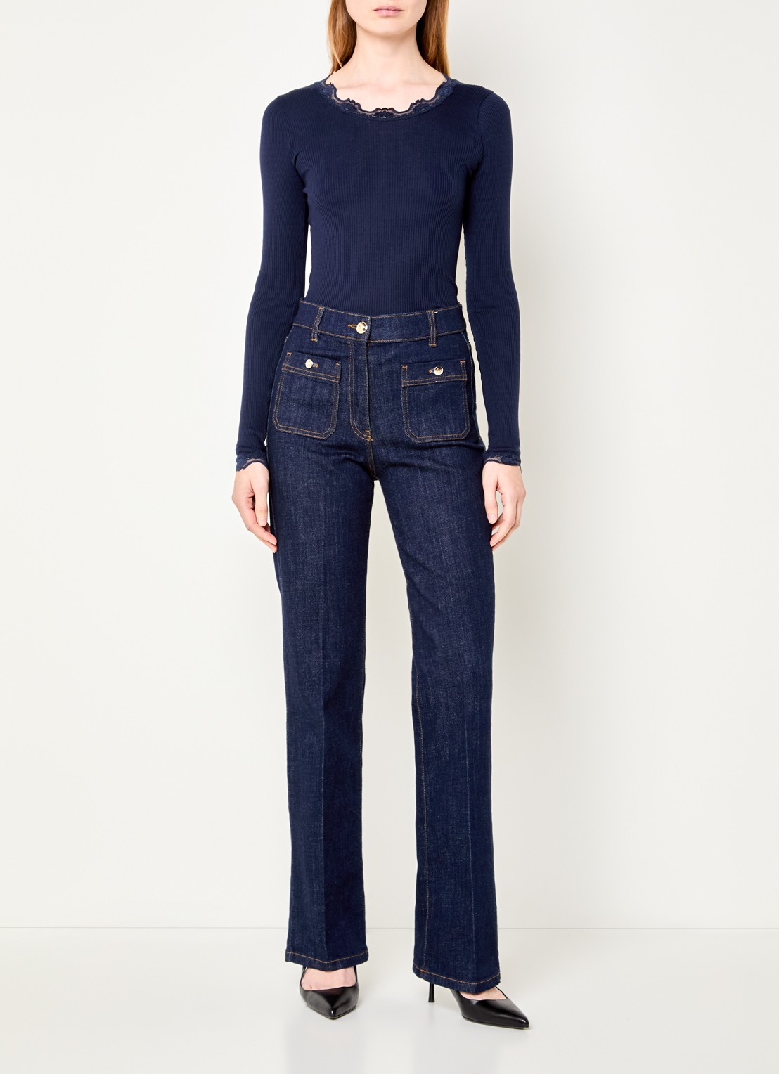 Rosemunde Babette longsleeve in zijdeblend met kant - voorkant 2 donkerblauw