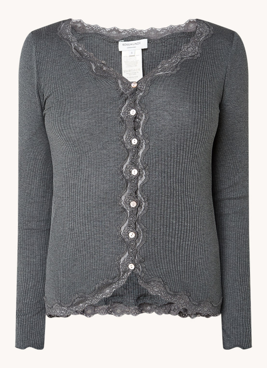 Rosemunde Babette ribgebreid vest in zijdeblend met details van kant - voorkant 2 donkergrijs