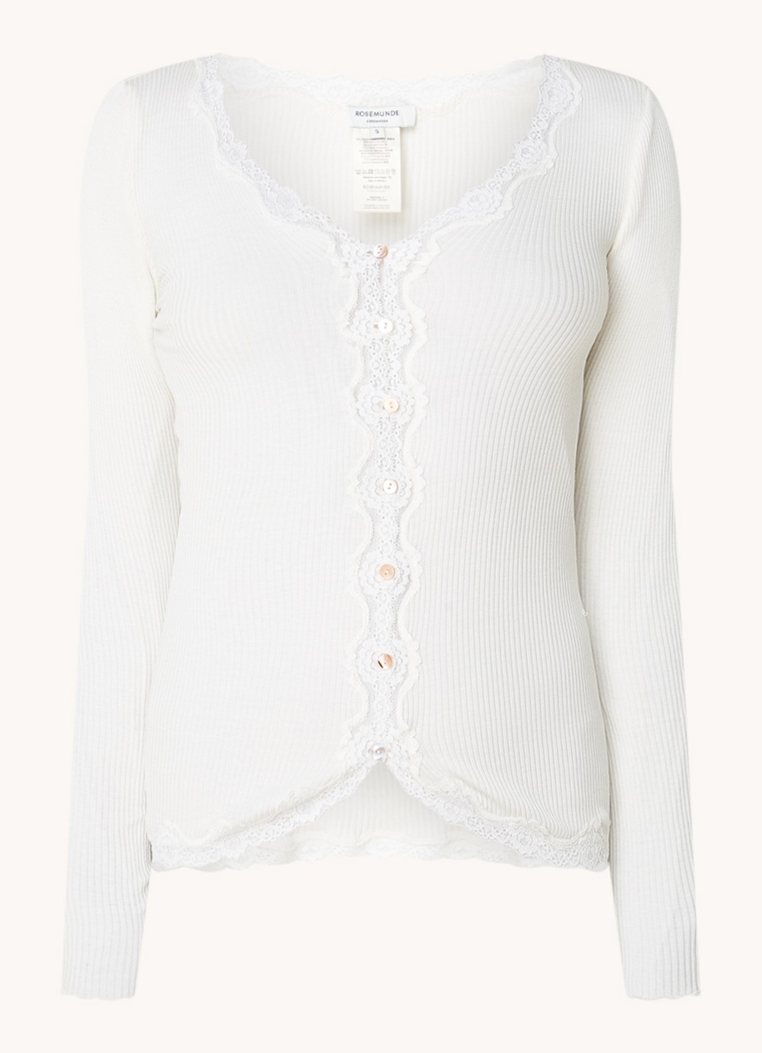 Rosemunde Babette ribgebreid vest in zijdeblend met details van kant - voorkant gebroken wit