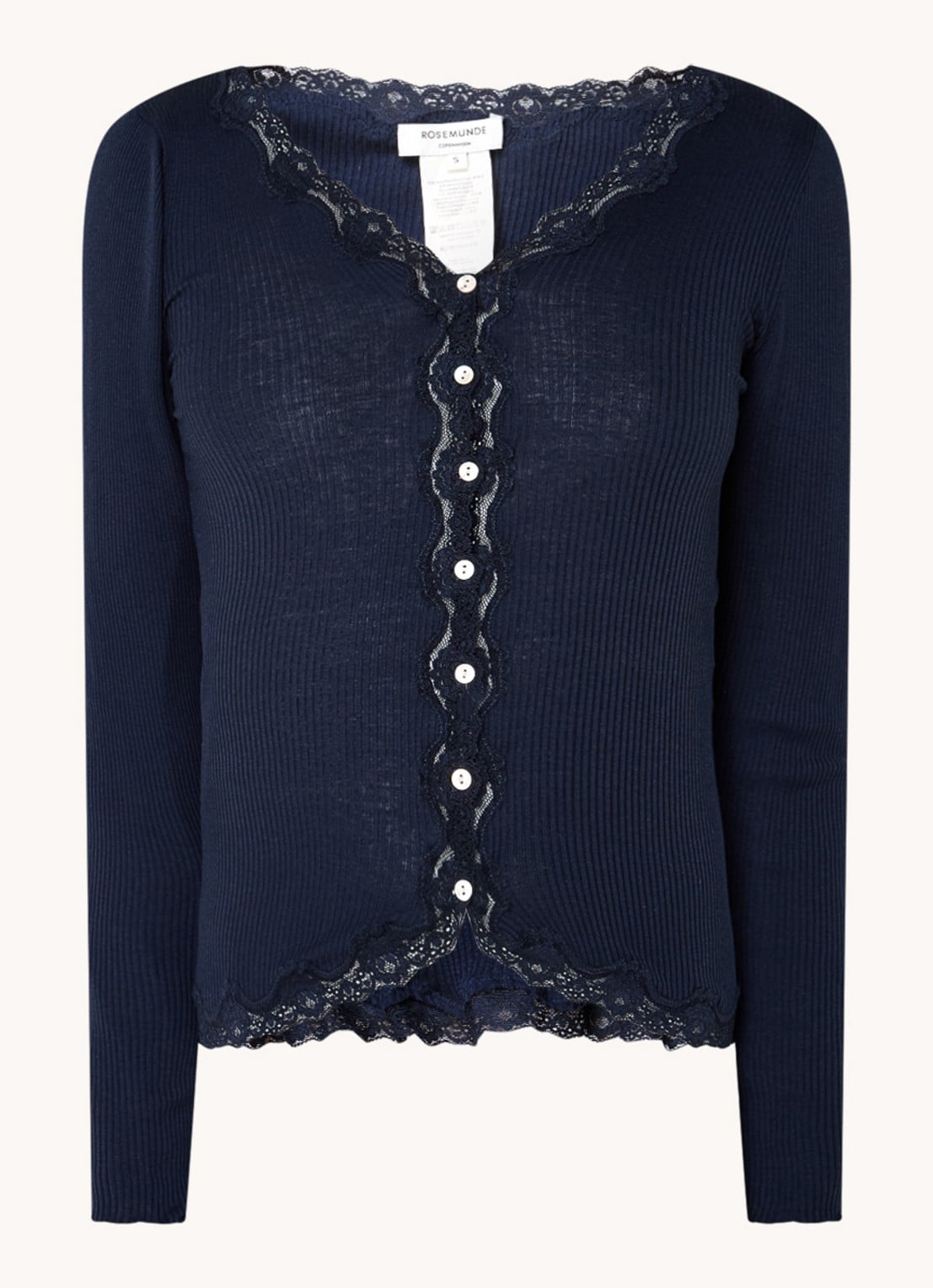 Rosemunde Babette ribgebreid vest in zijdeblend met details van kant - voorkant 3 donkerblauw