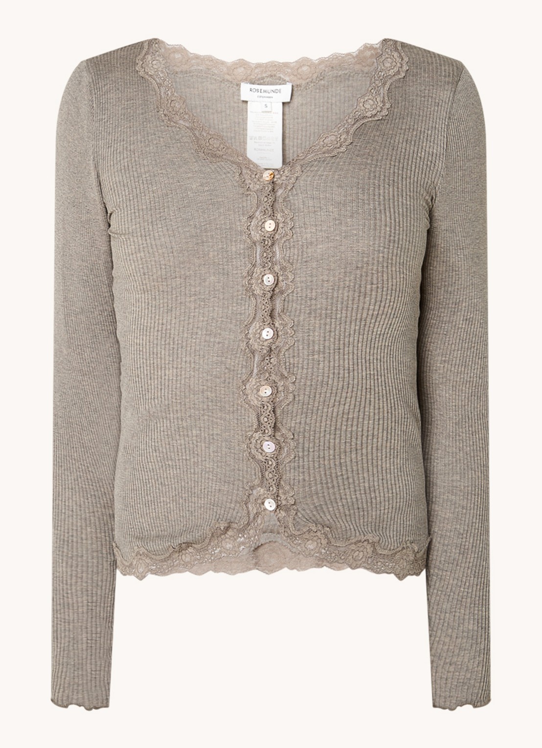 Rosemunde Babette ribgebreid vest in zijdeblend met details van kant - voorkant 3 zand