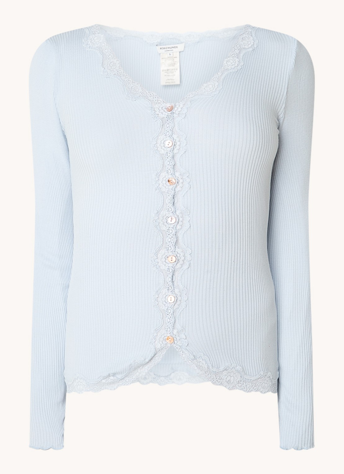 Rosemunde Babette ribgebreid vest in zijdeblend met details van kant - voorkant 2 lichtblauw