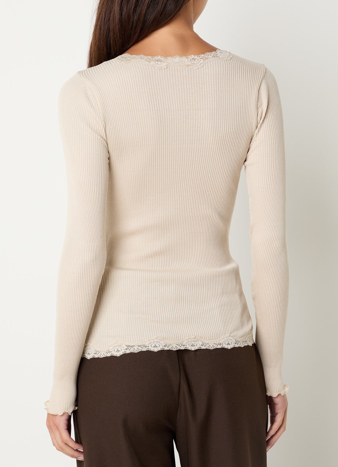 Rosemunde Babette ribgebreid vest in zijdeblend met details van kant - achterkant bruin