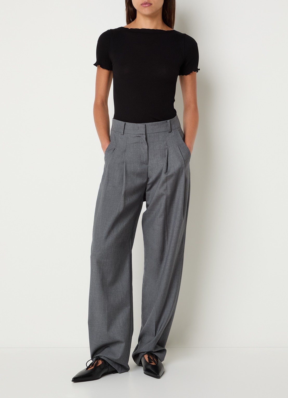 Rosemunde Balta T-shirt met ribstructuur en boothals - voorkant 2 zwart