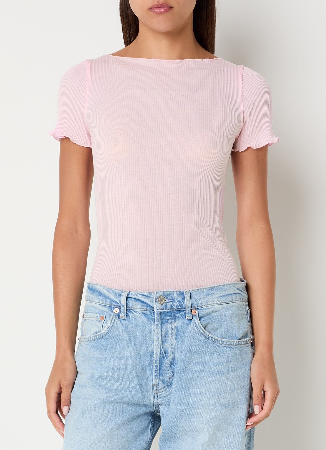 Rosemunde Balta T-shirt met ribstructuur en boothals - detail 4 lichtroze