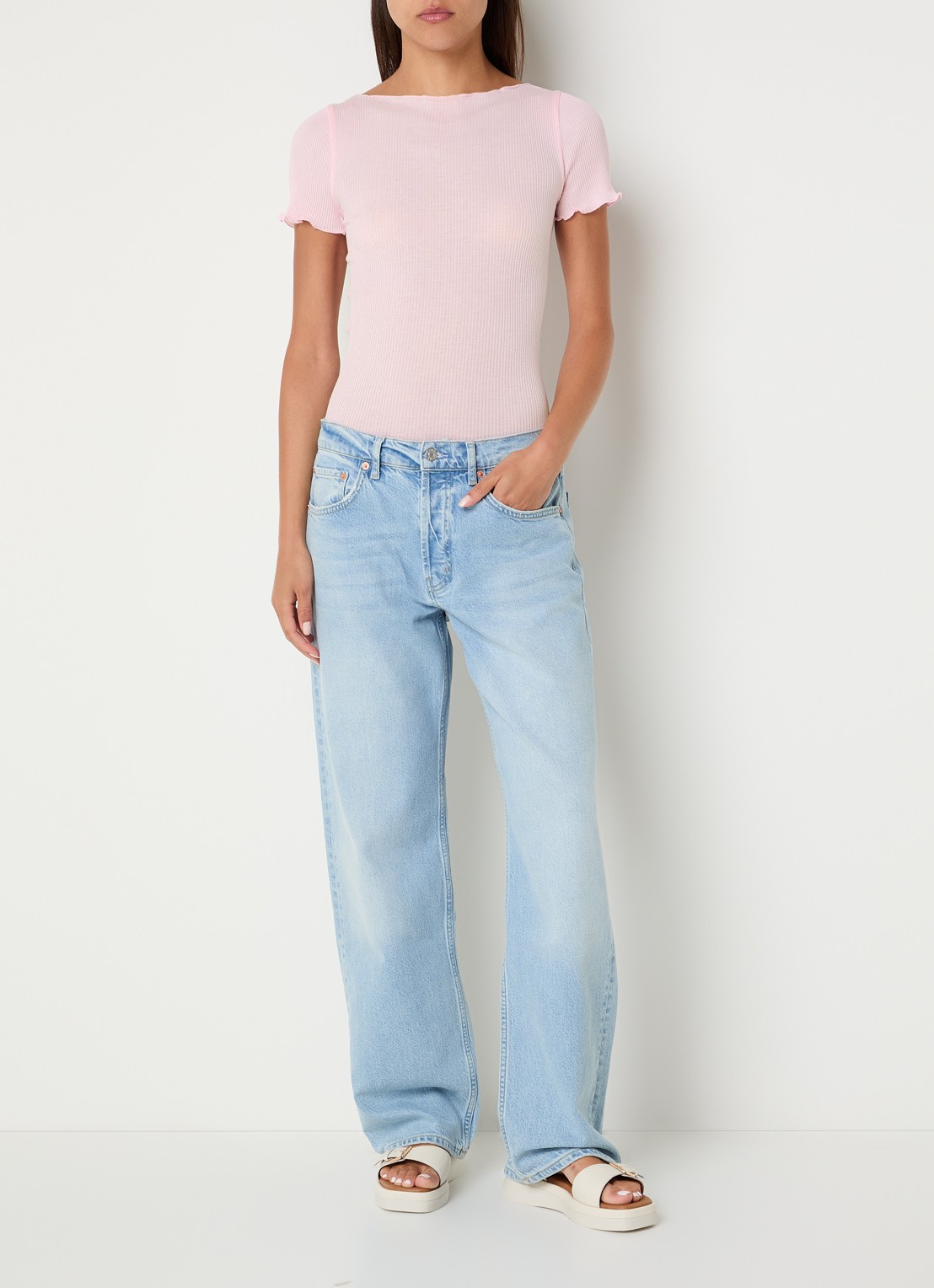 Rosemunde Balta T-shirt met ribstructuur en boothals - voorkant 2 lichtroze