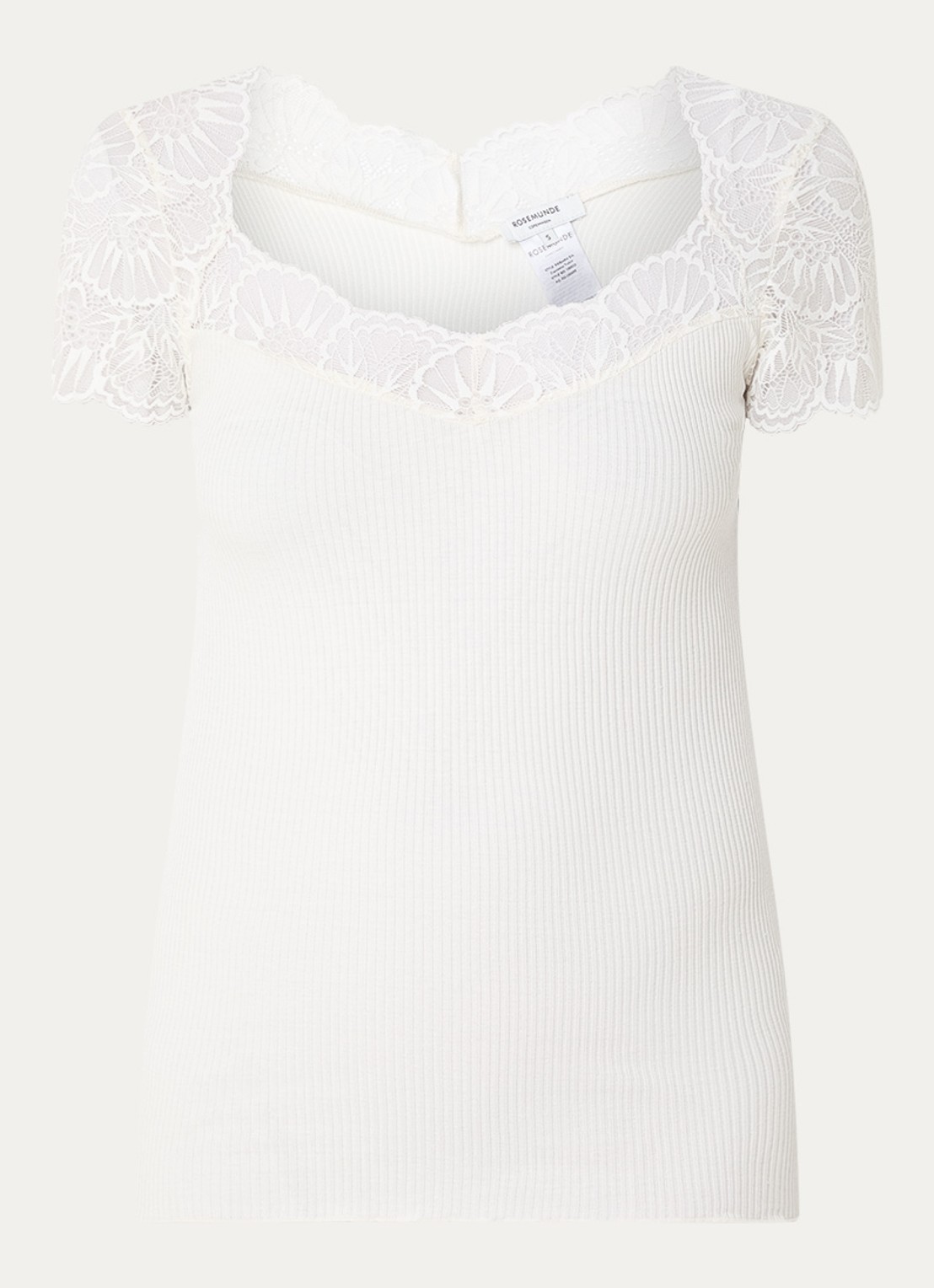 Rosemunde Beatha ribgebreide top in zijdeblend met details van kant - voorkant gebroken wit