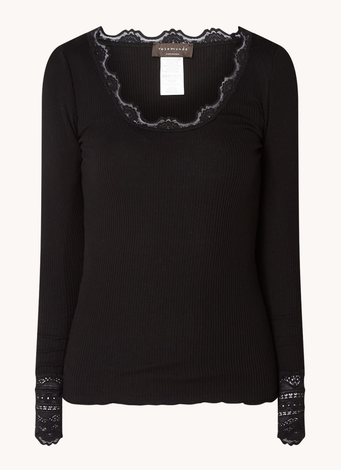 Rosemunde Longsleeve in zijdeblend met structuur en details van kant - voorkant 2 zwart