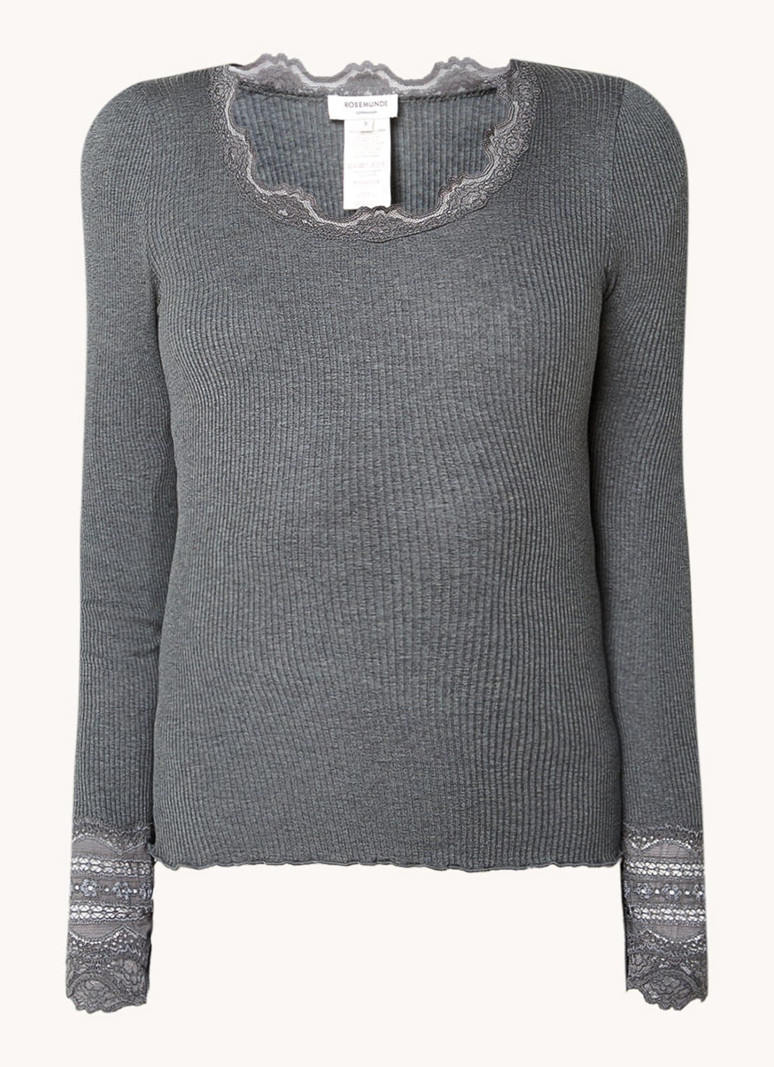 Rosemunde Longsleeve in zijdeblend met structuur en details van kant - voorkant 2 donkergrijs