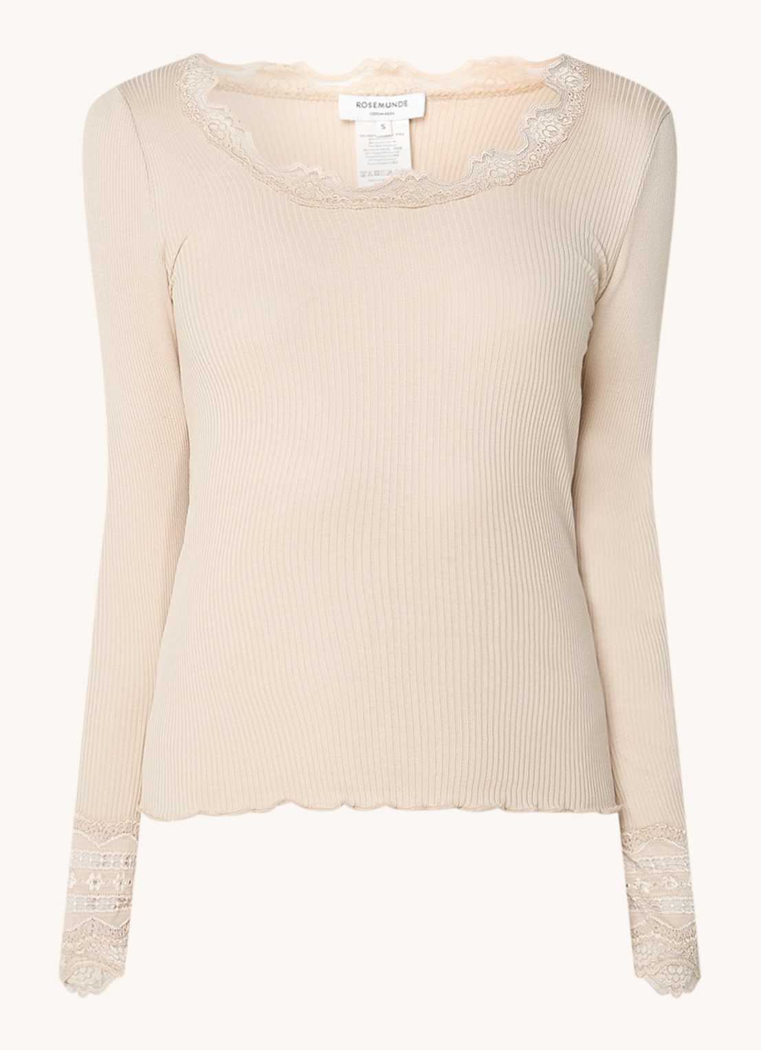 Rosemunde Longsleeve in zijdeblend met structuur en details van kant - voorkant 2 beige