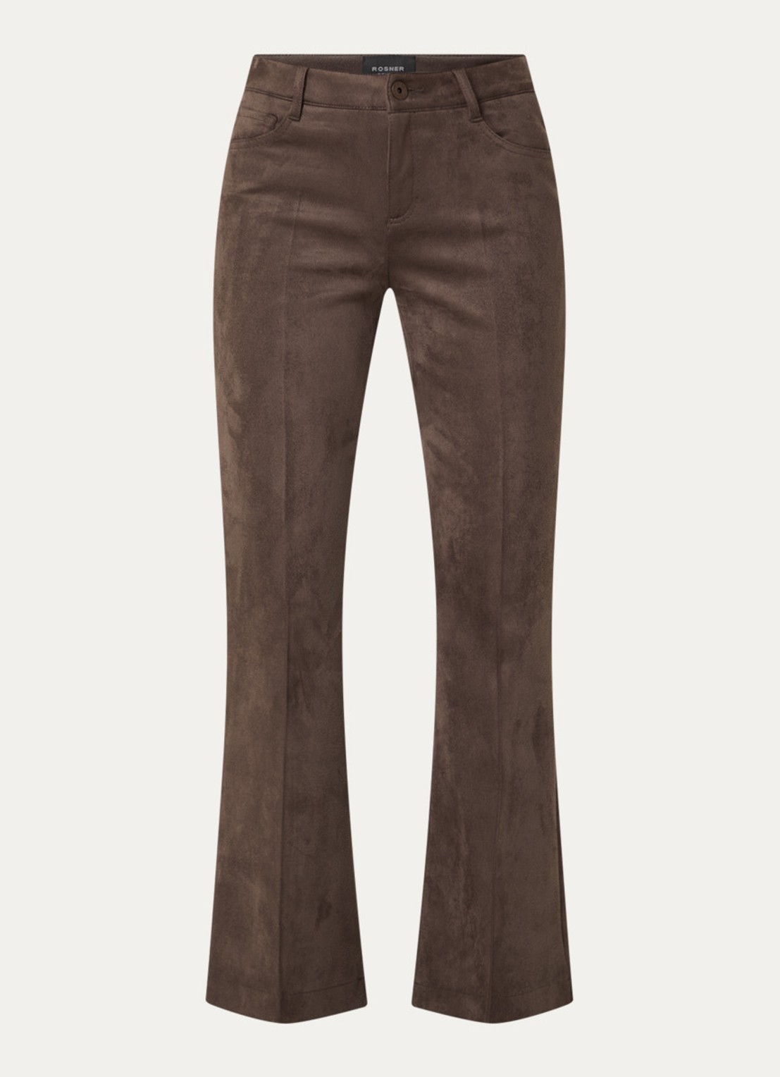 Rosner Studio Antonia mid waist flared fit broek van imitatiesuède - voorkant chocoladebruin