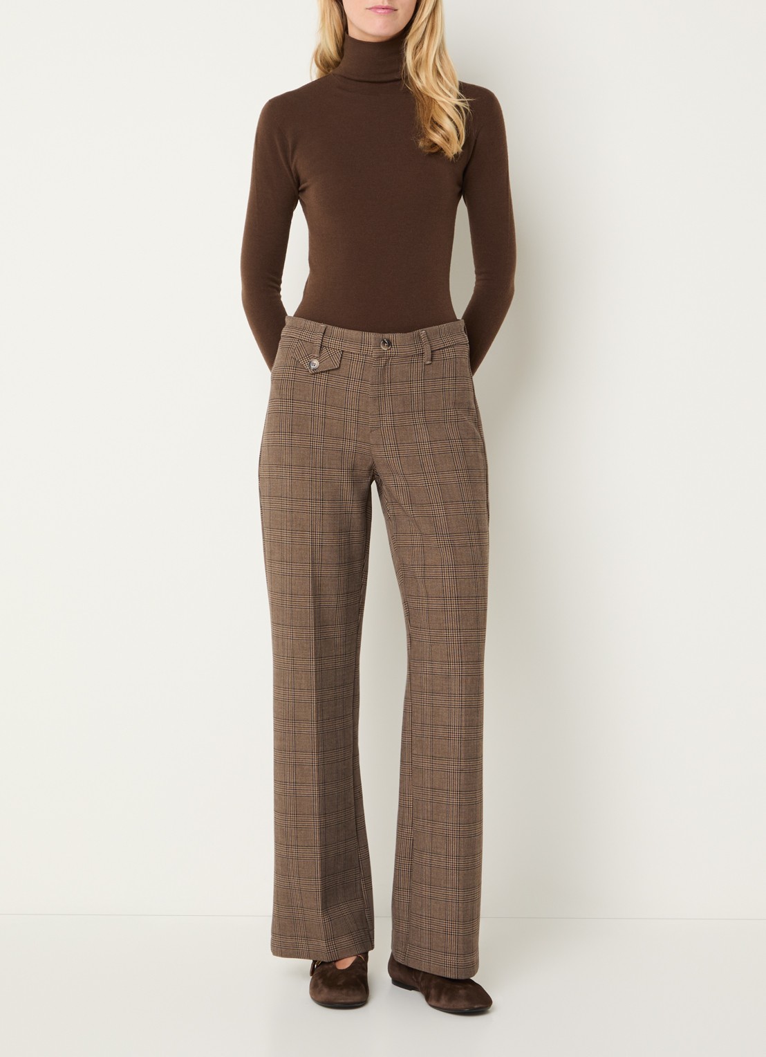 Rosner Studio Audrey high waist bootcut fit pantalon met ruitdessin - voorkant 3 bruin