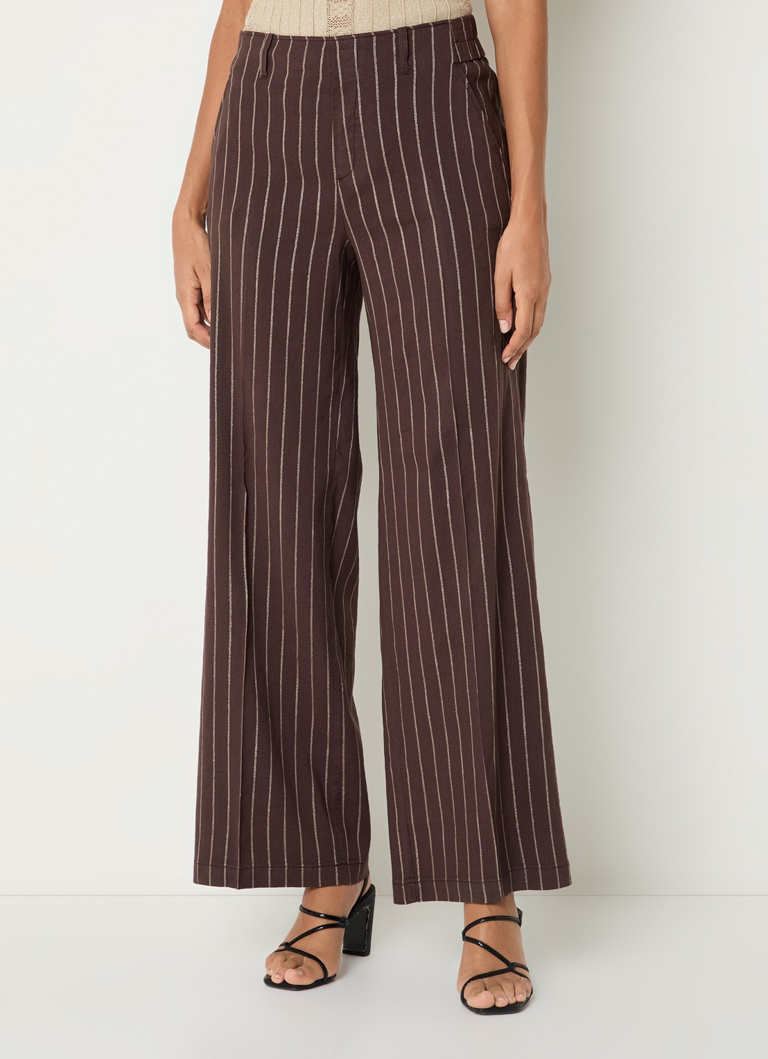 Rosner Studio High waist wide fit pantalon met streepprint en lurex - detail 4 donkerbruin
