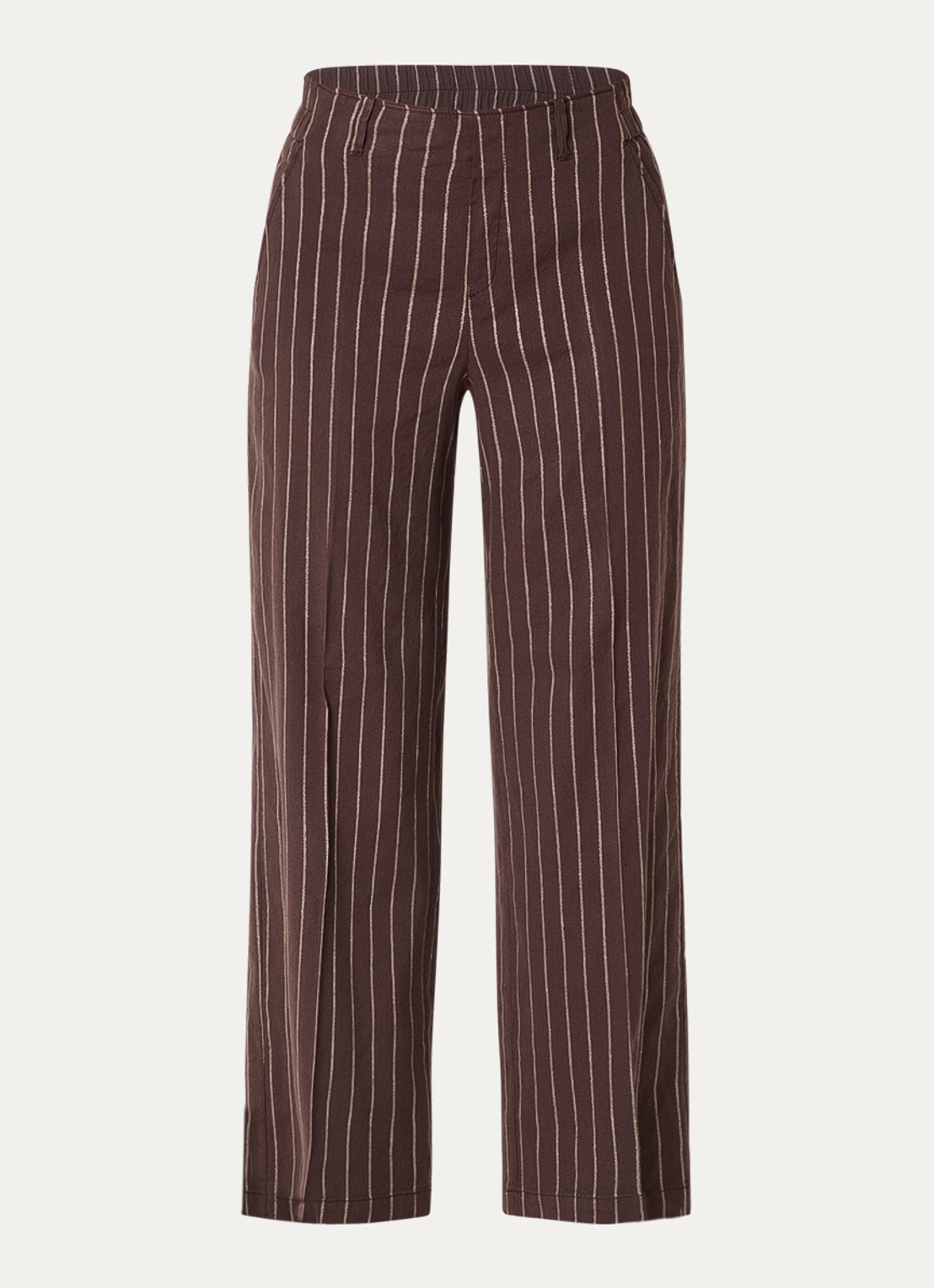 Rosner Studio High waist wide fit pantalon met streepprint en lurex - voorkant donkerbruin