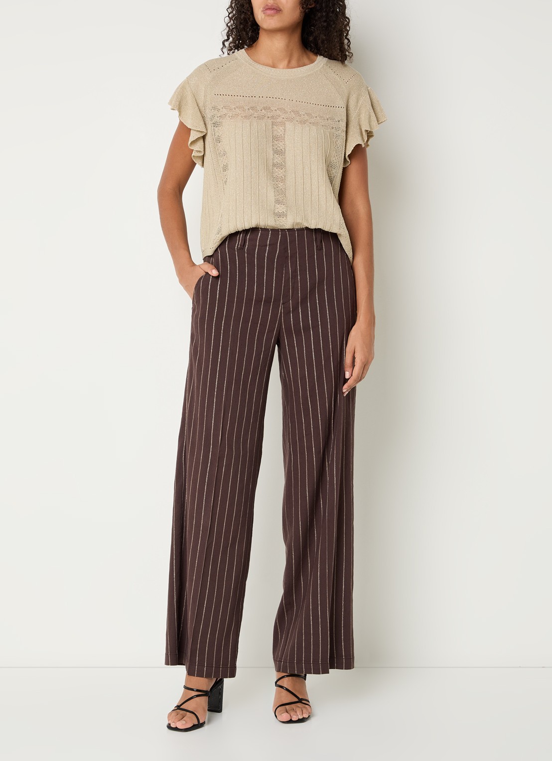 Rosner Studio High waist wide fit pantalon met streepprint en lurex - voorkant 2 donkerbruin