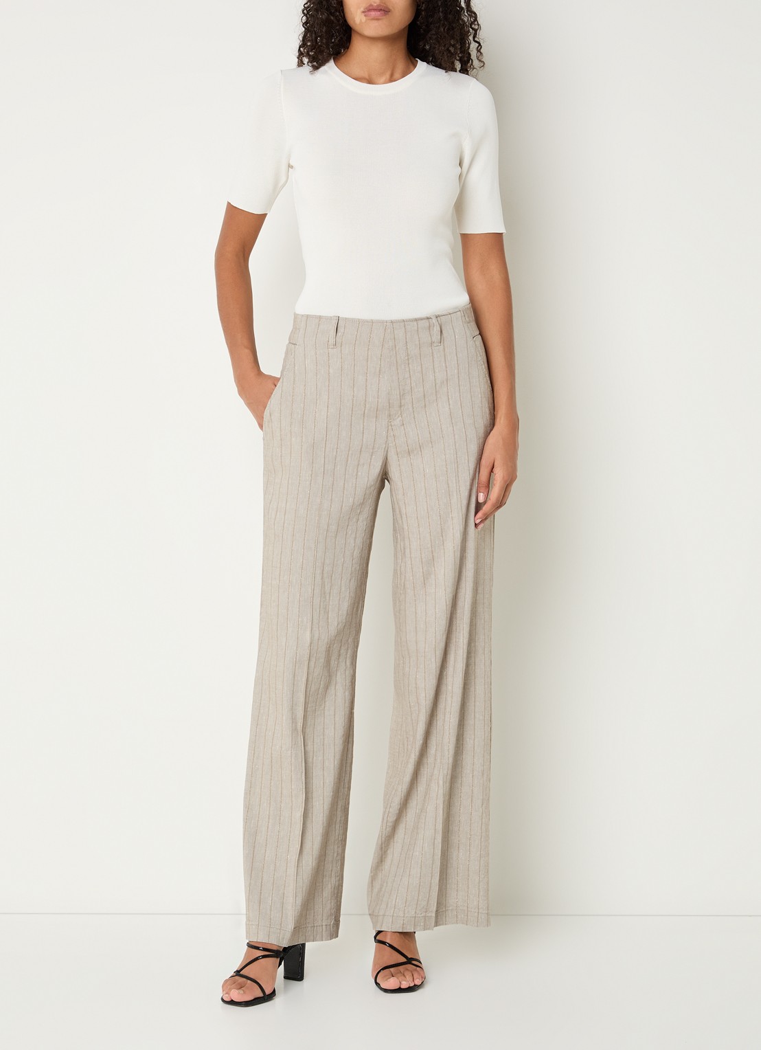 Rosner Studio High waist wide fit pantalon met streepprint en lurex - voorkant 2 lichtgrijs