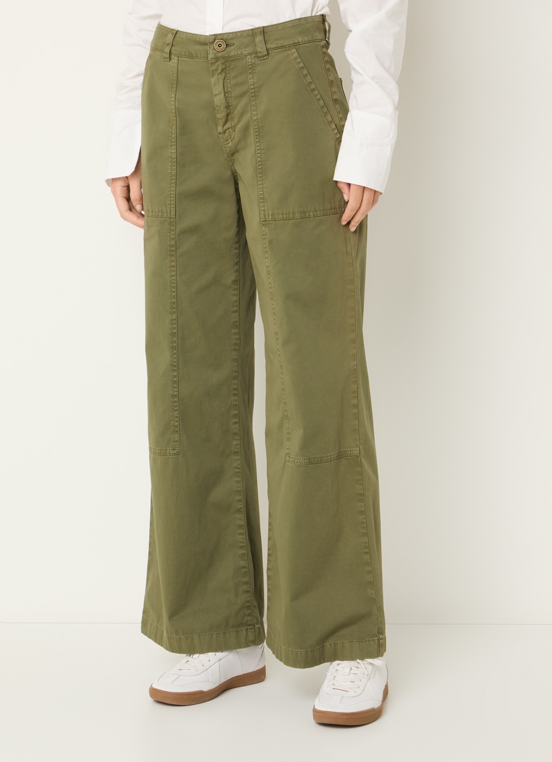 Rosner Studio Mara high waist flared fit broek met steekzakken - detail mosgroen