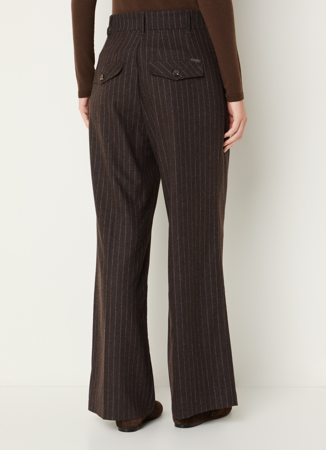 Rosner Studio Mara high waist wide fit pantalon in wolblend met streepprint - achterkant chocoladebruin