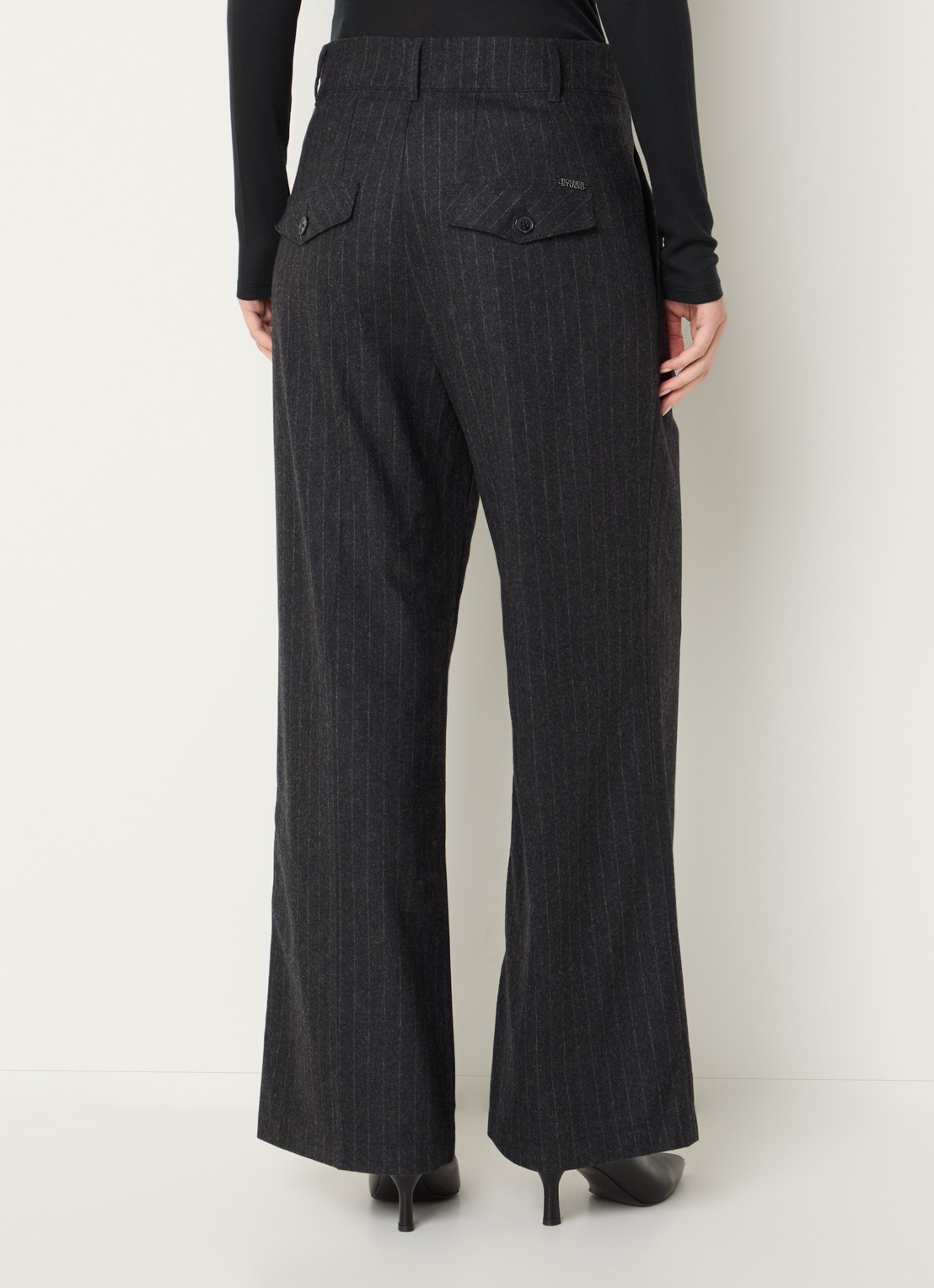 Rosner Studio Mara high waist wide fit pantalon in wolblend met streepprint - achterkant 3 donkerblauw
