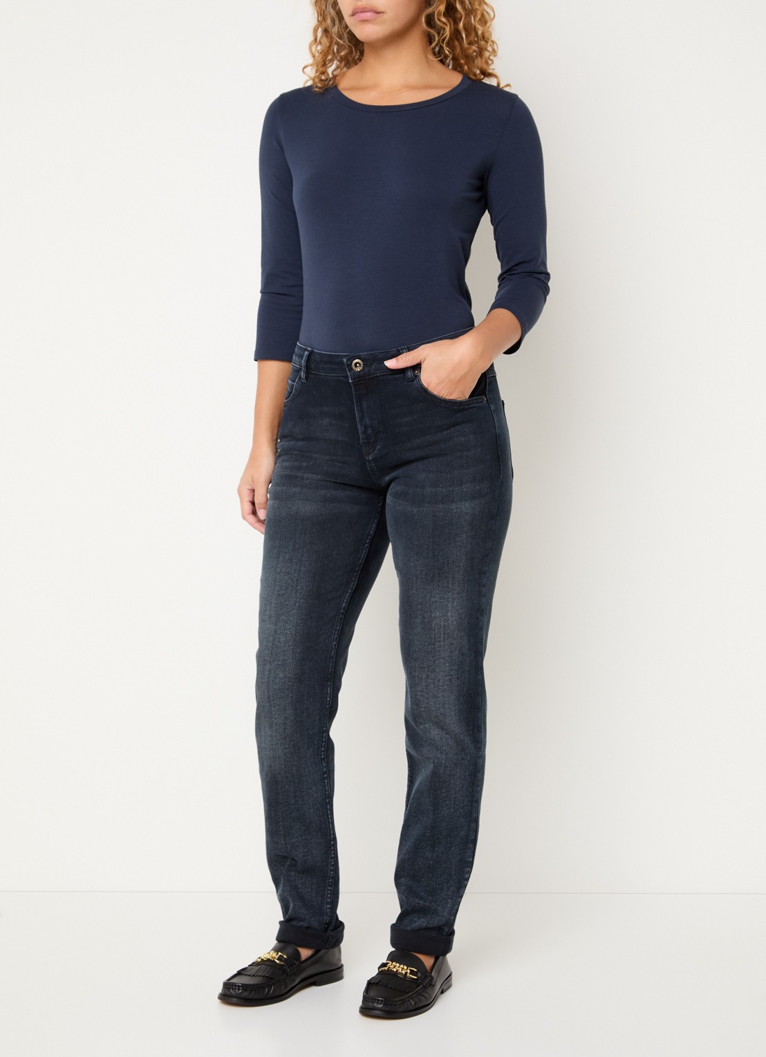 Rosner Studio Masha mid waist slim fit jeans met steekzakken - voorkant 4 donkerblauw